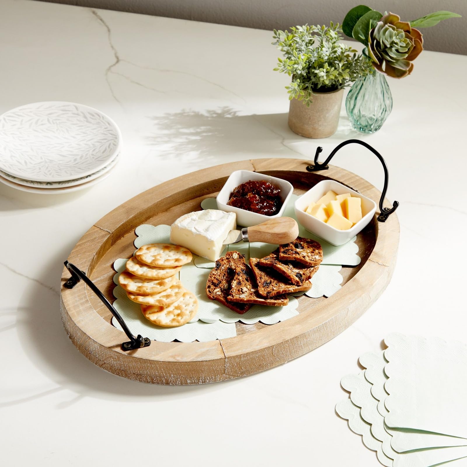 Farmlyn Creek Oval Wooden Serving Tray With Handles, Decorative Platter For Coffee Table, Living Room (15.75 X 10.8 X 1.25 In)