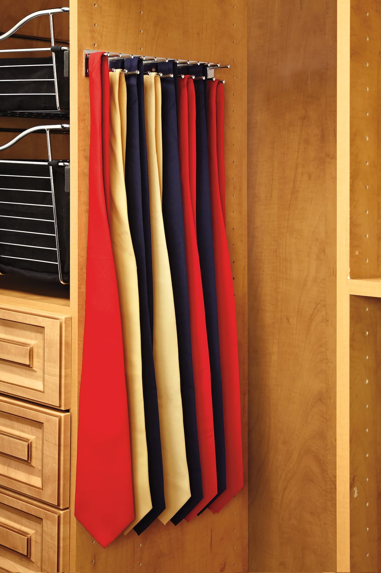 Rev-A-Shelf Pull Out 12'' Side Mount Extending Closet Tie & Belt Organization Storage Rack Holder for Up to 23 Ties  Chrome  TRC-12CR
