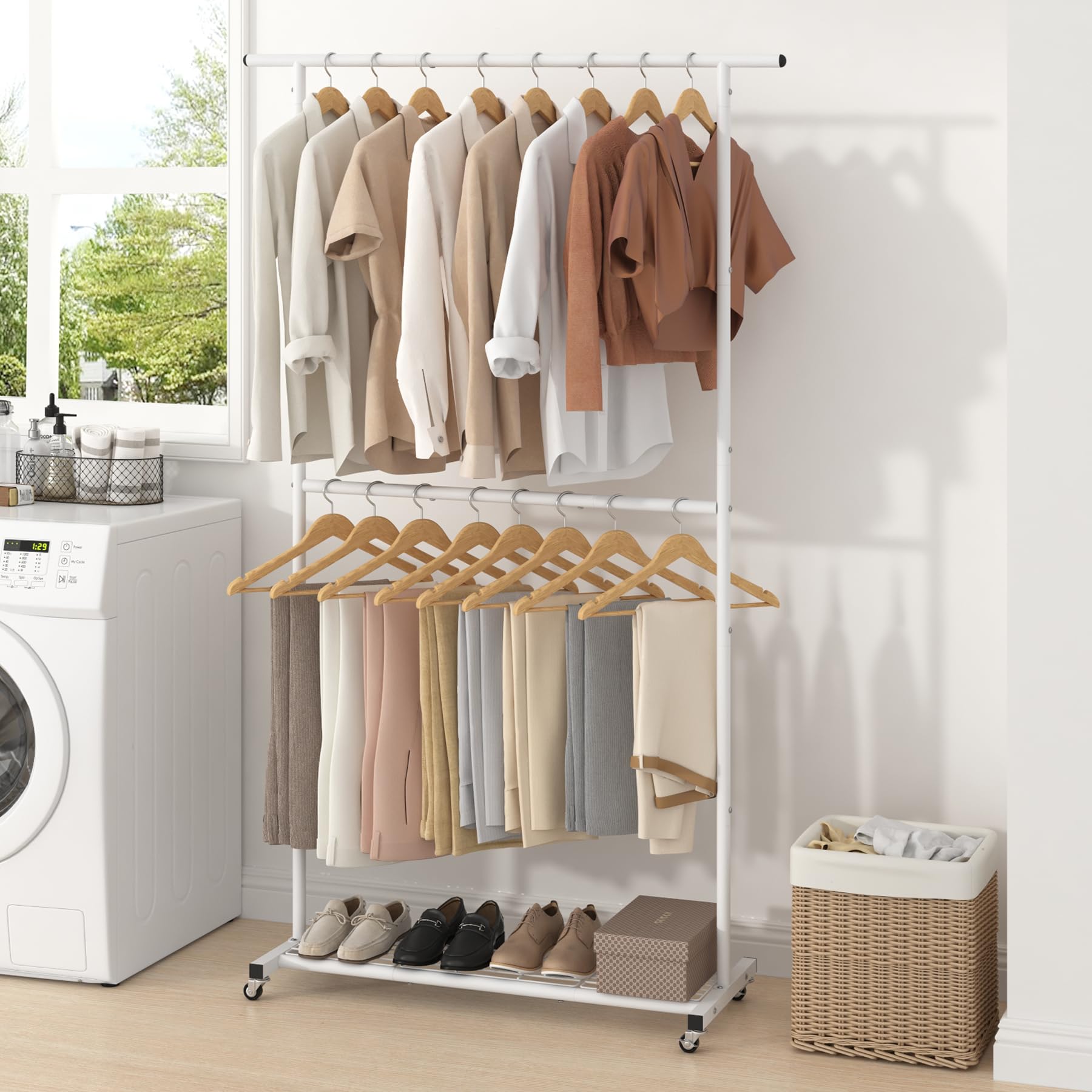 Sywhitta Double Rod Clothing Garment Rack  Rolling Coat Hanger with Bottom Mesh  Clothing Rack for Hanging Clothes  Coats  Skirts  Sweaters  White