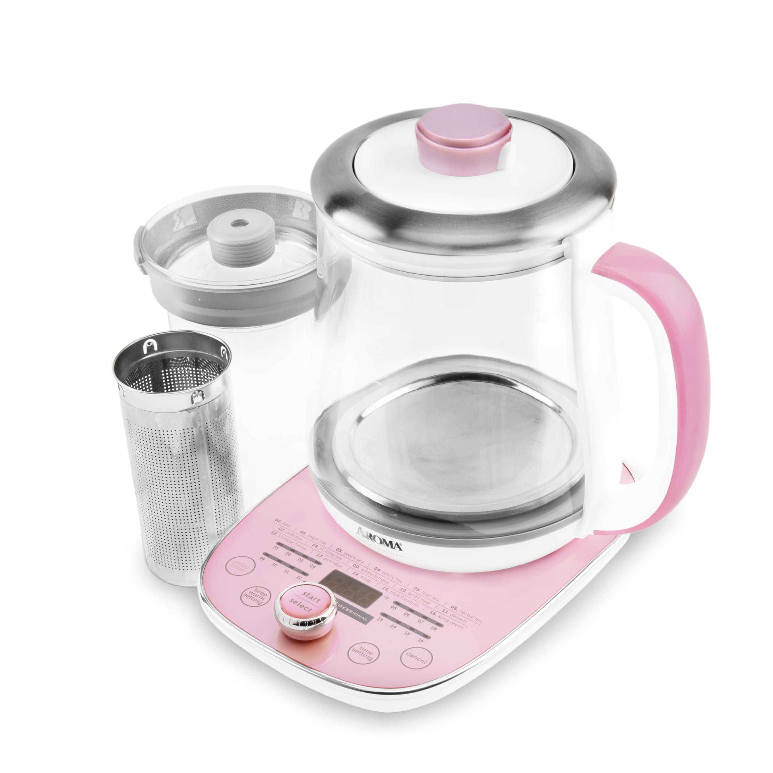 Aroma Professional Awk-701 16-In-1 Nutri-Water, Green, Fruit, Flower Tea, Coffee, Multi-Use Kettle, Delay Timer, 1.5L, Pink