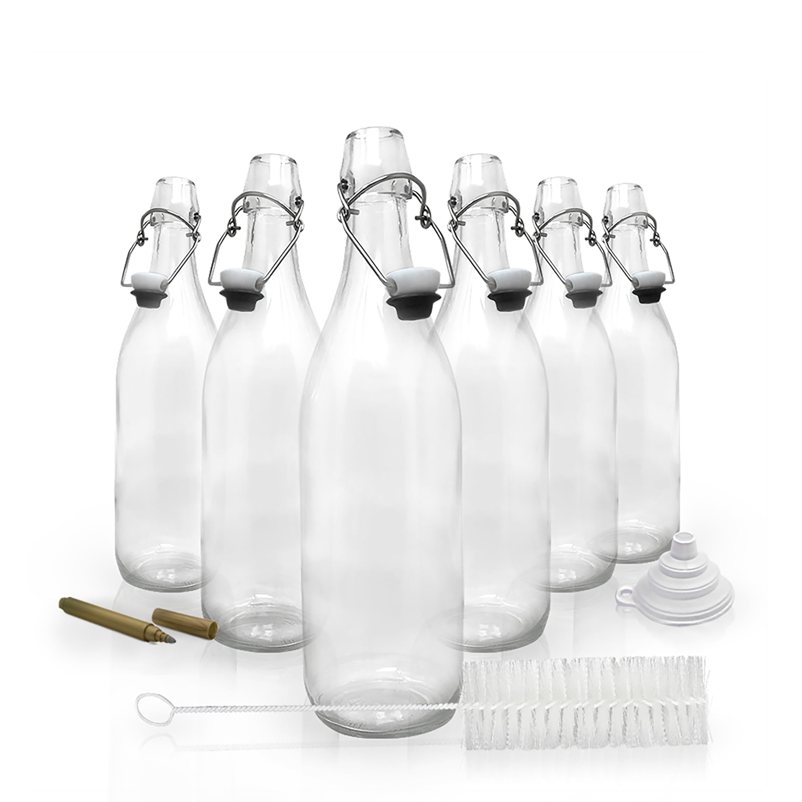 Nevlers 6 Pcs | 33 Oz Round Swing Top Glass Bottles With Airtight Stopper | 1 Liter Home Brewing Bottles For Kombucha - Water Ke