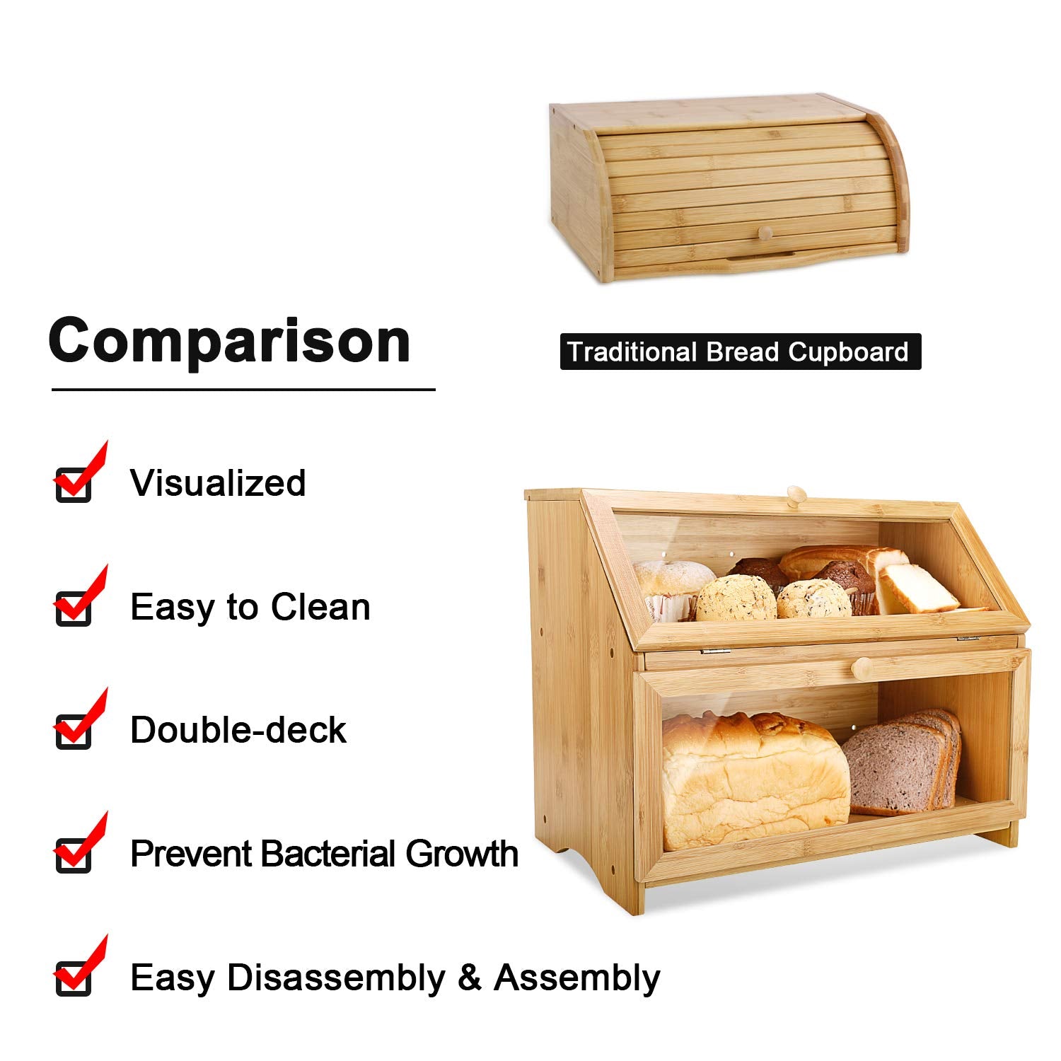 Homekoko Double Layer Large Bread Box For Kitchen Counter, Wooden Large Capacity Bread Storage Bin (Natural Bamboo)
