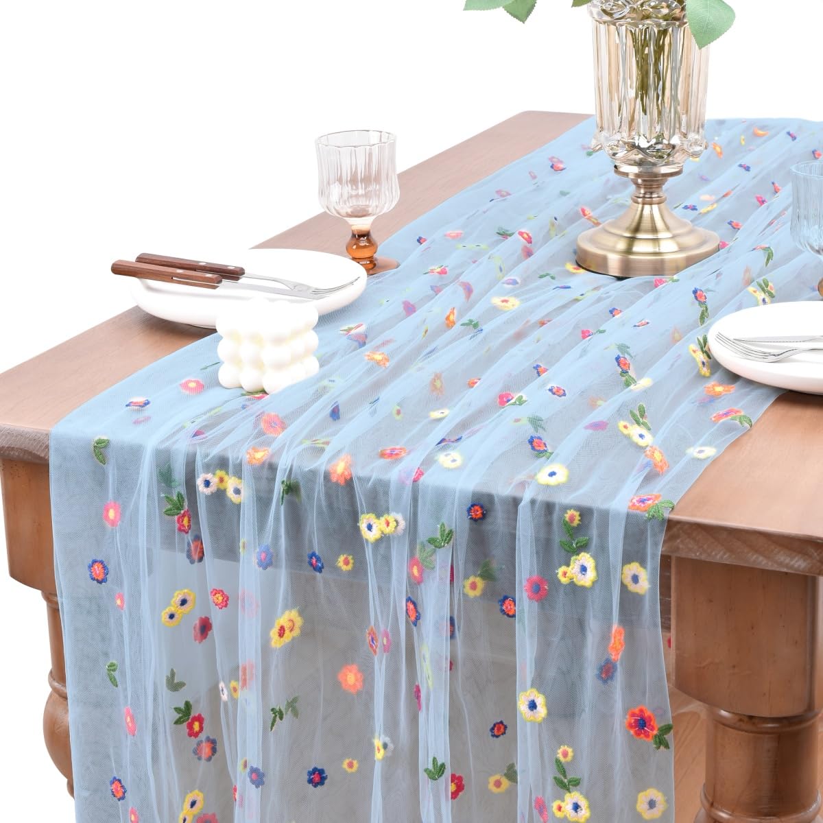 Joanlody 3pcs Blue Embroidery Daisy Fall Thanksgiving Table Runner Florals Seasonal Tulle Table Runner Holiday Kitchen Dining Ta