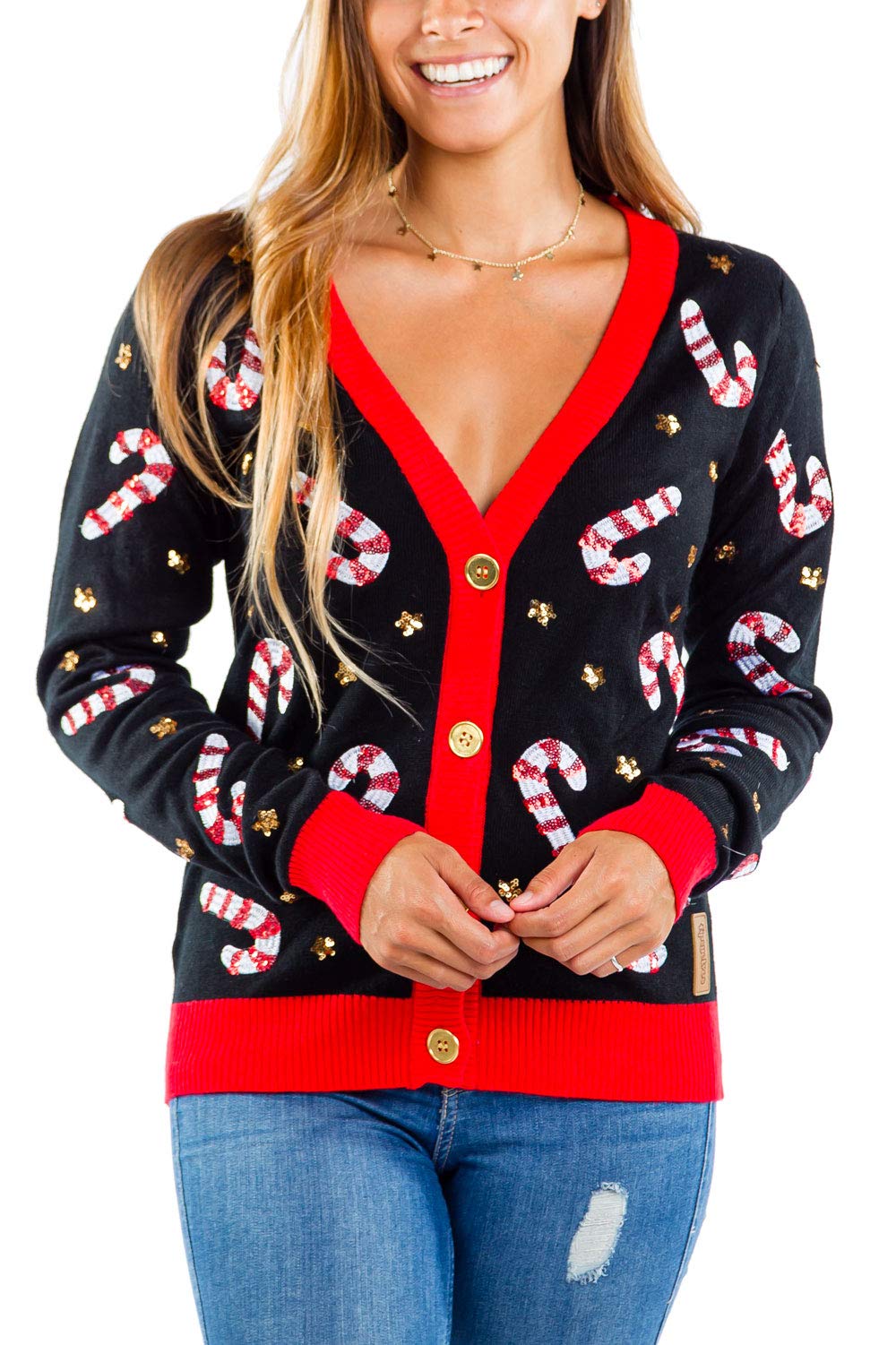 Tipsy Elves Womens Sequin V-Neck Long Sleeve Sweater Candy Cane Lane (Black)