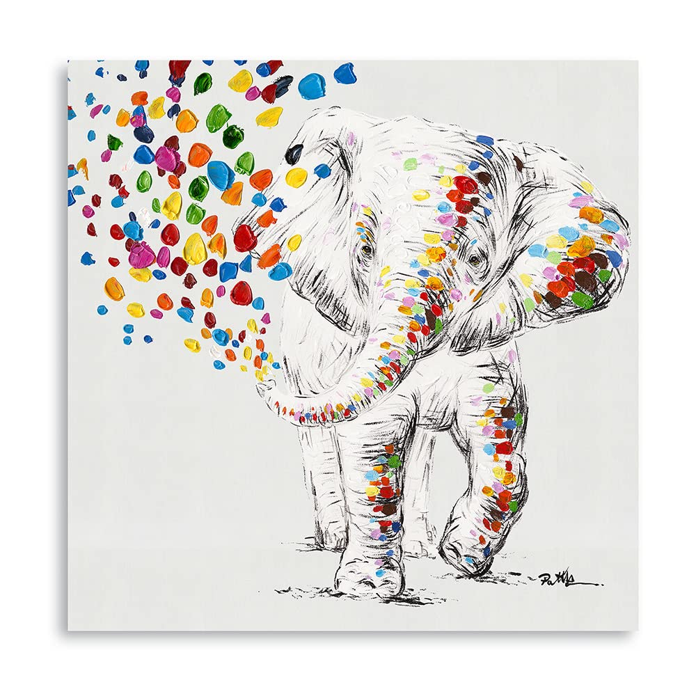 Happy Elephant Canvas Wall Art Cute Elephant Spraying Water Picture Print For Kids Room Bathroom Poster Framed Ready To Hang (20