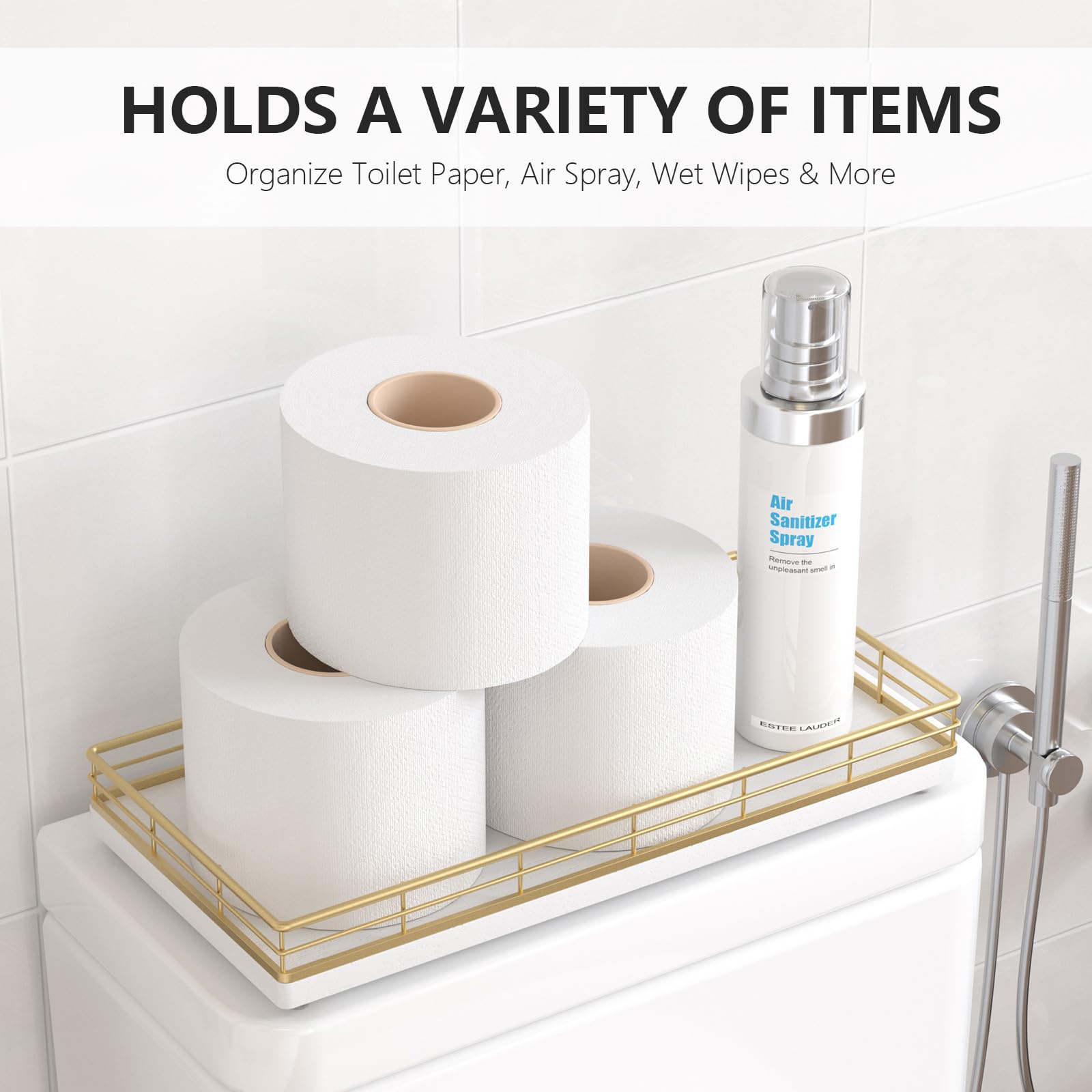 Toilet Paper Basket Organizer - Oak Wood Toilet Tank Tray with Metal Frame, Back of Tank or Top Bathroom Counter Storage - Gold