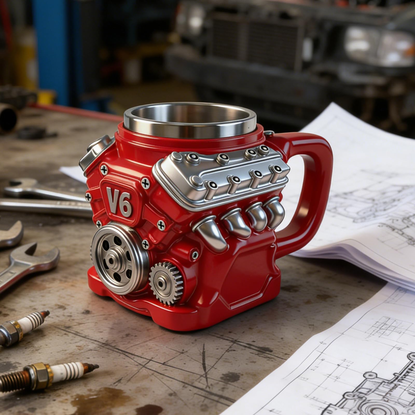11oz V6/V8 Engine Coffee MugStainless Steel & Resin, 3D V6 Piston Design Loud Cup, Unique Mechanic Toolbox Gift for Men, Car Gu