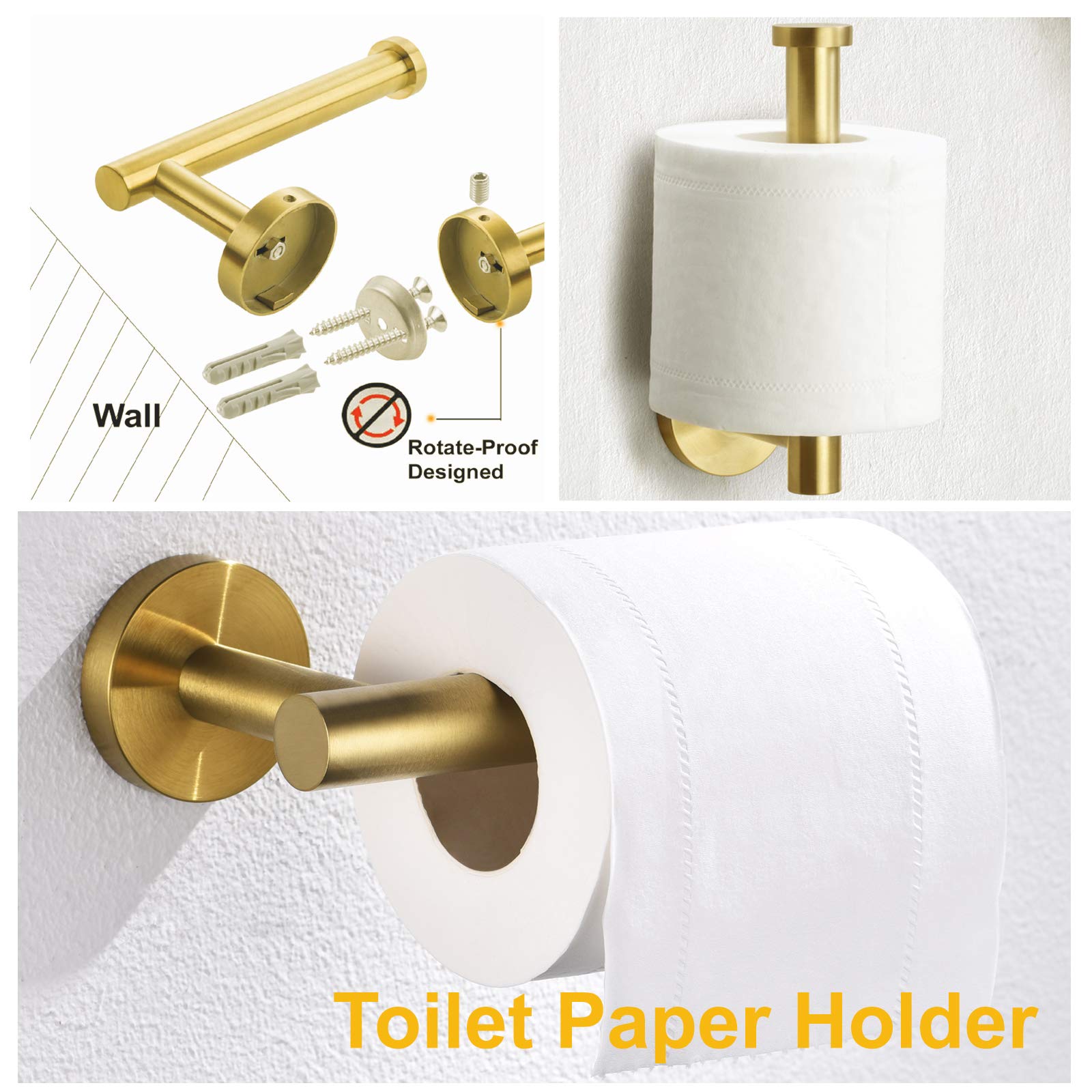 Nolimas 3-Pieces Brushed Gold Bathroom Hardware Set SUS304 Stainless Steel Round Wall Mounted Includes 12'' Hand Towel Bar Toilet Paper Holder Robe Towel Hooks Bathroom Accessories Kit