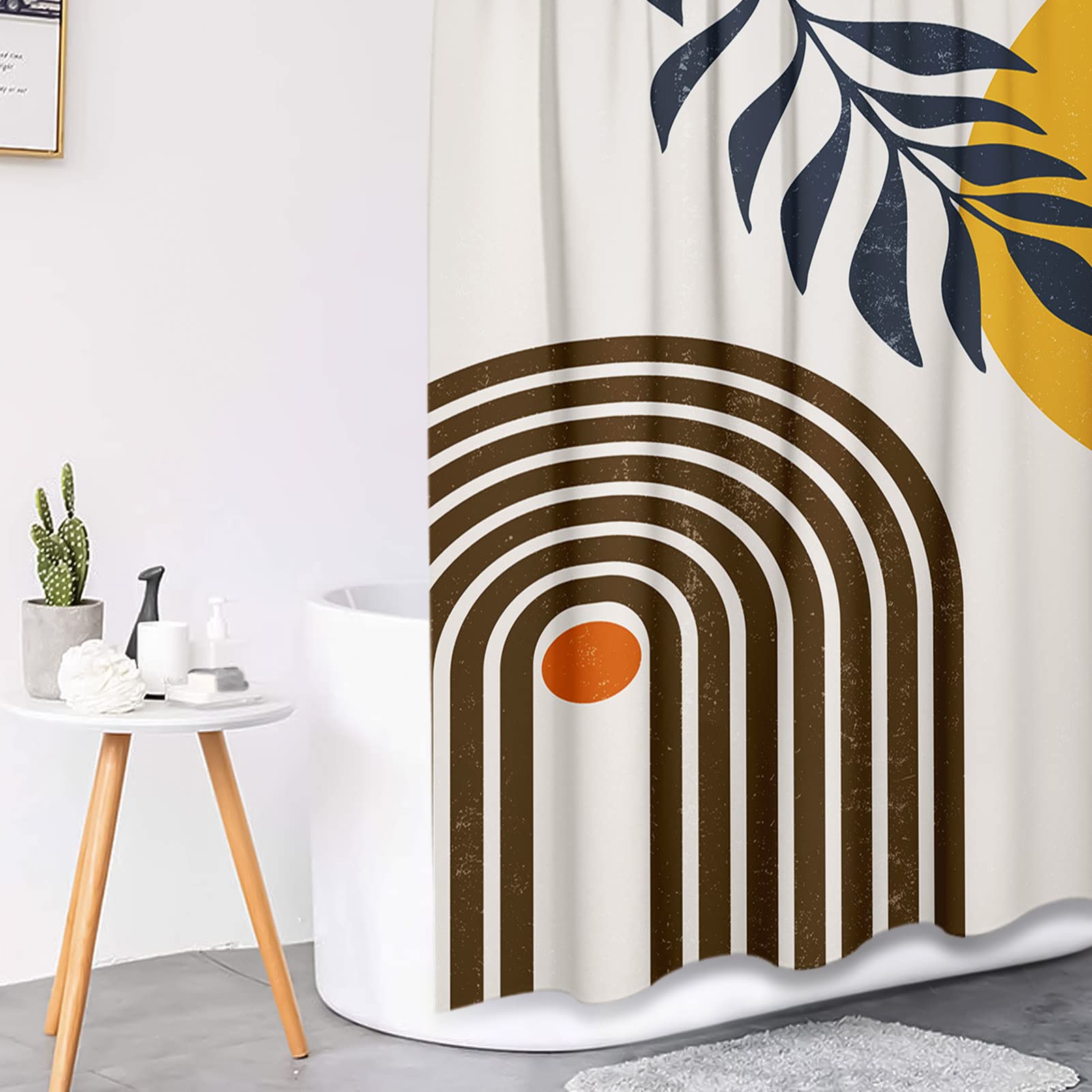 Tayney Boho Mid Century Shower Curtain Set With Toilet Lid Cover And Non-Slip Rugs, Abstract Pink Black 4 Pcs Modern Minimalist