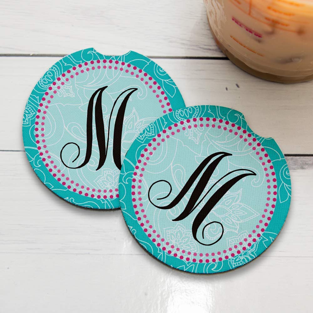 Monogram M | Car Coasters For Drinks Set Of 2 | Perfect Car Accessories With Absorbent Coasters. Car Coaster Measures 2.56 Inche