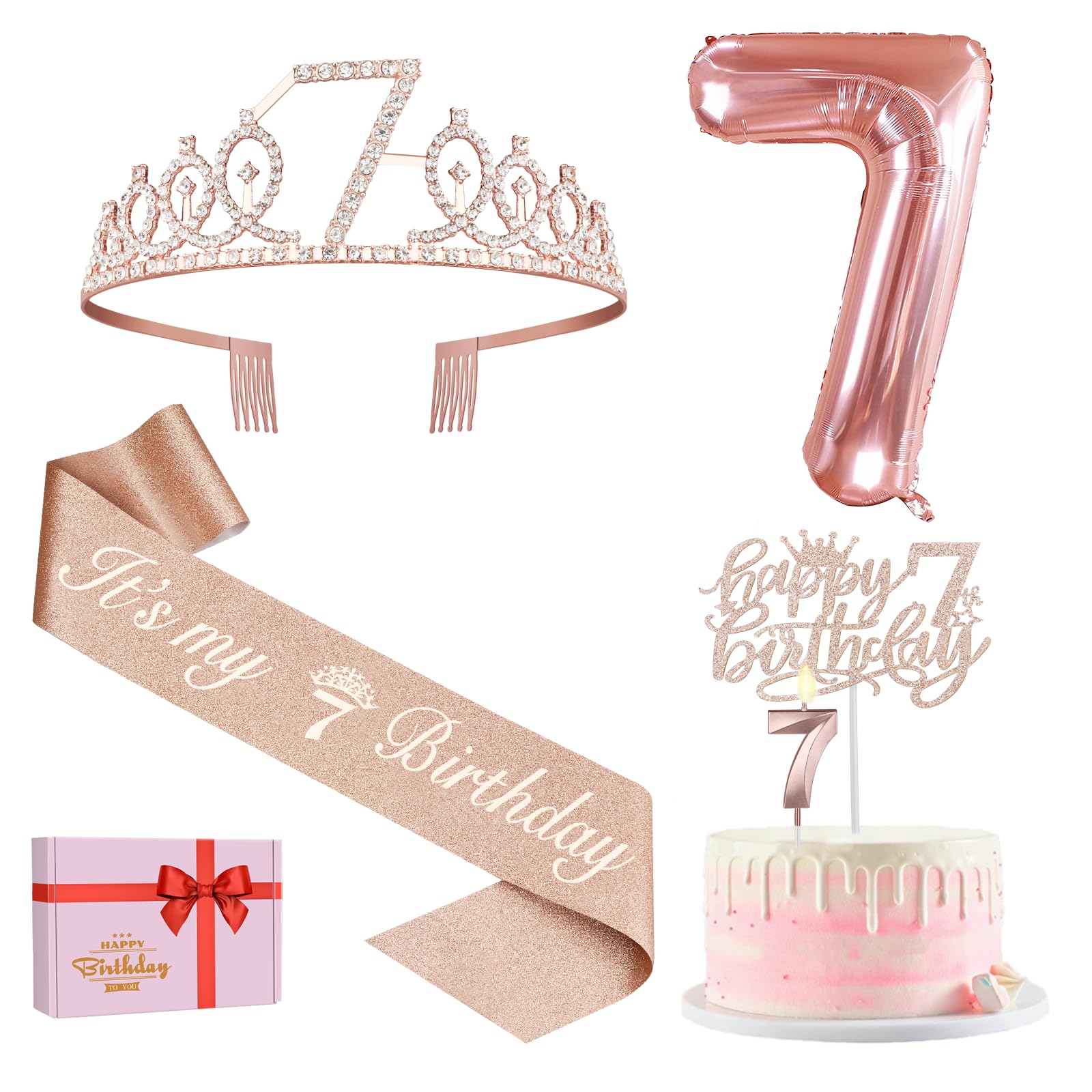 7Th Birthday Decorations For Girl Including 7Th Birthday Girl Sash And Tiara For Girls, 7 Birthday Candles And Cake Topper, 7 Ba