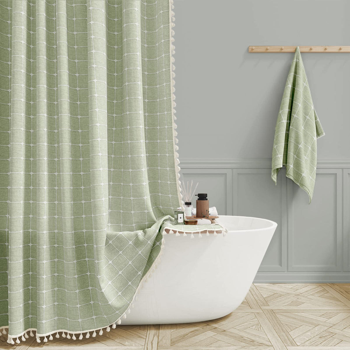 Bttn Extra Long Shower Curtain - 72X96 Inch Long Large Boho Linen Fabric Shower Curtain Set With Plastic Hooks, Tall Bohemian Fa
