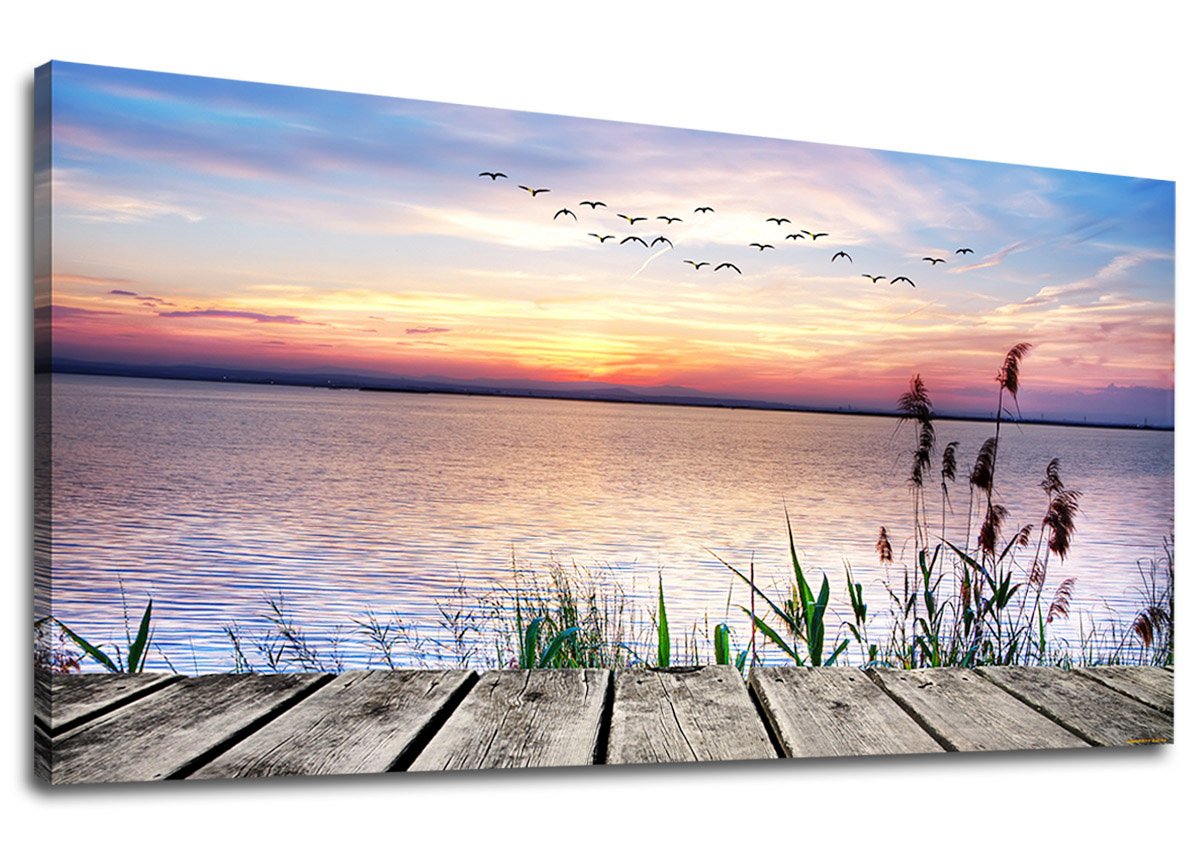 Large Wall Art For Living Room Peaceful Lake Sunset For Bedroom Wall Decor Contemporary Canvas Wall Art Nature Sunset Dock Flyin