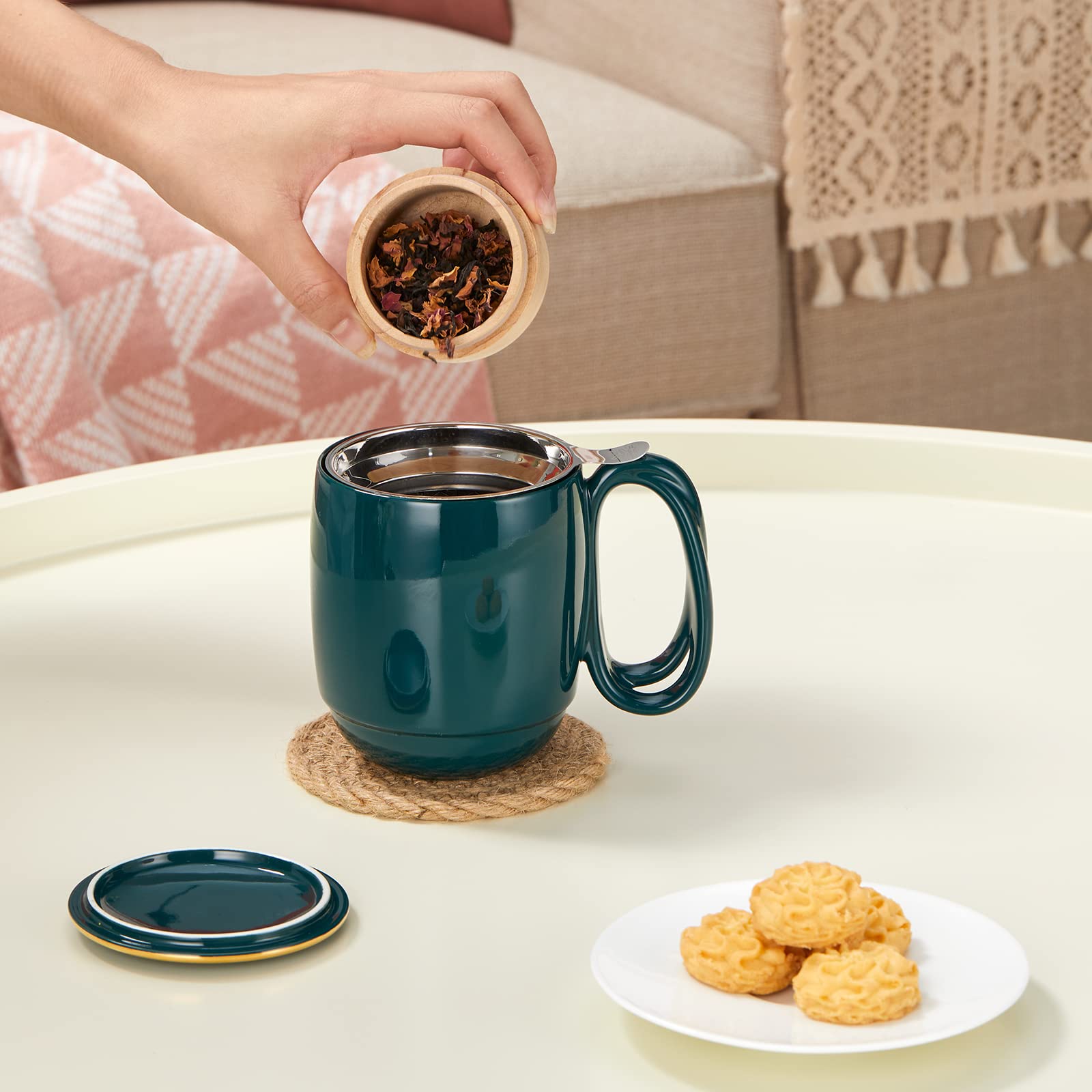Zens Tea Cup With Infuser And Lid, 16 Ounces Entwined Handle Loose Leaf Tea Steeper Mug With Gold Trim Lid For Tea Gift/Dark Gre