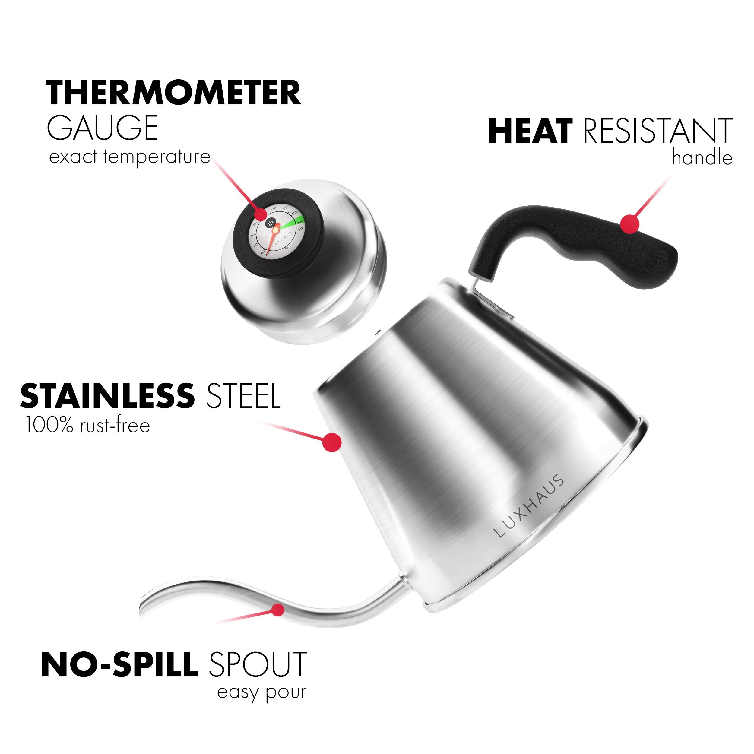 Luxhaus Pour Over Kettle - Gooseneck Kettle With Thermometer - Coffee And Tea Maker For Stovetop - 40Oz