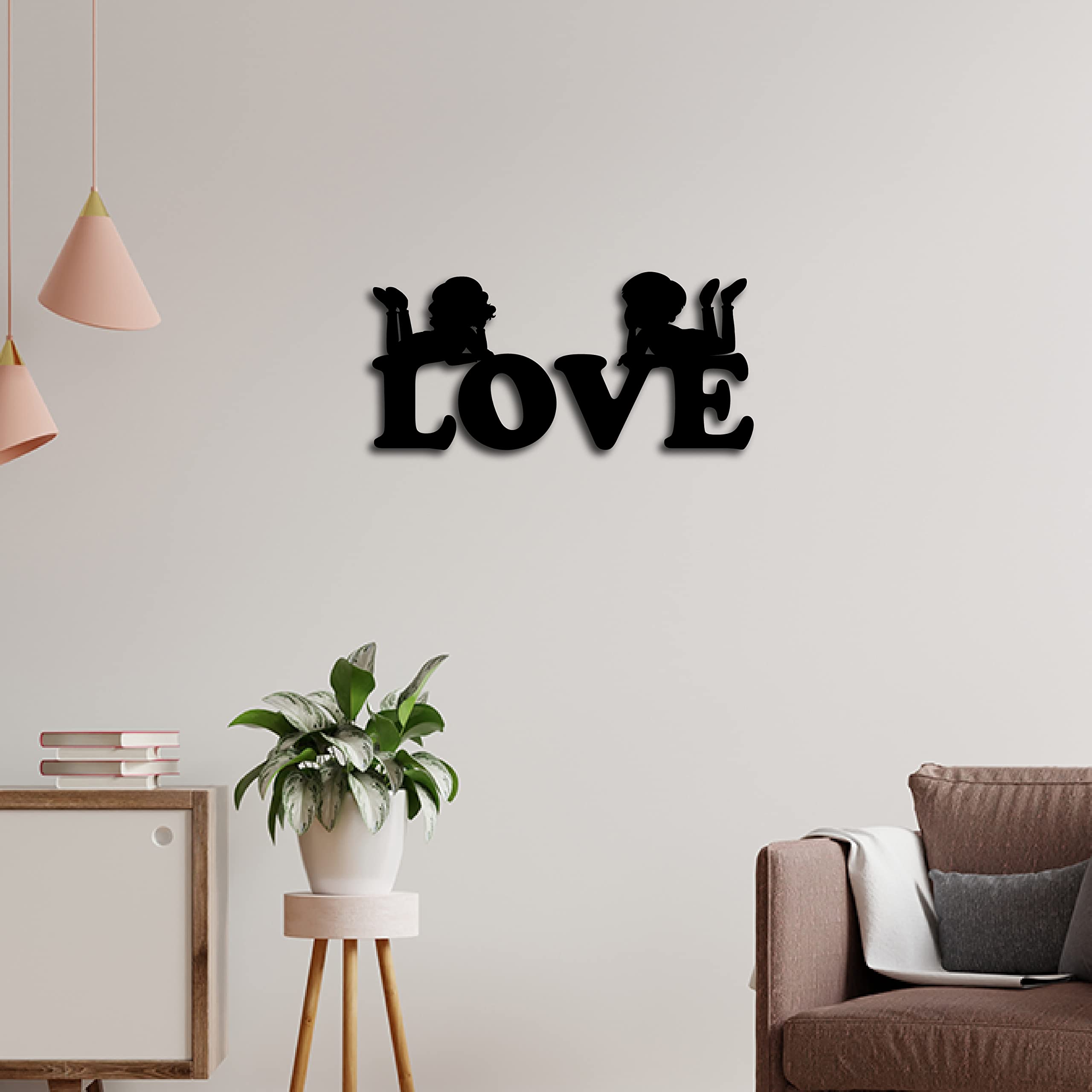 eCraftIndia Couple Love Black Engineered Wood Cutout Wall Art Decor - Romantic Minimalist Wall Decoration Item for Couples - Ide