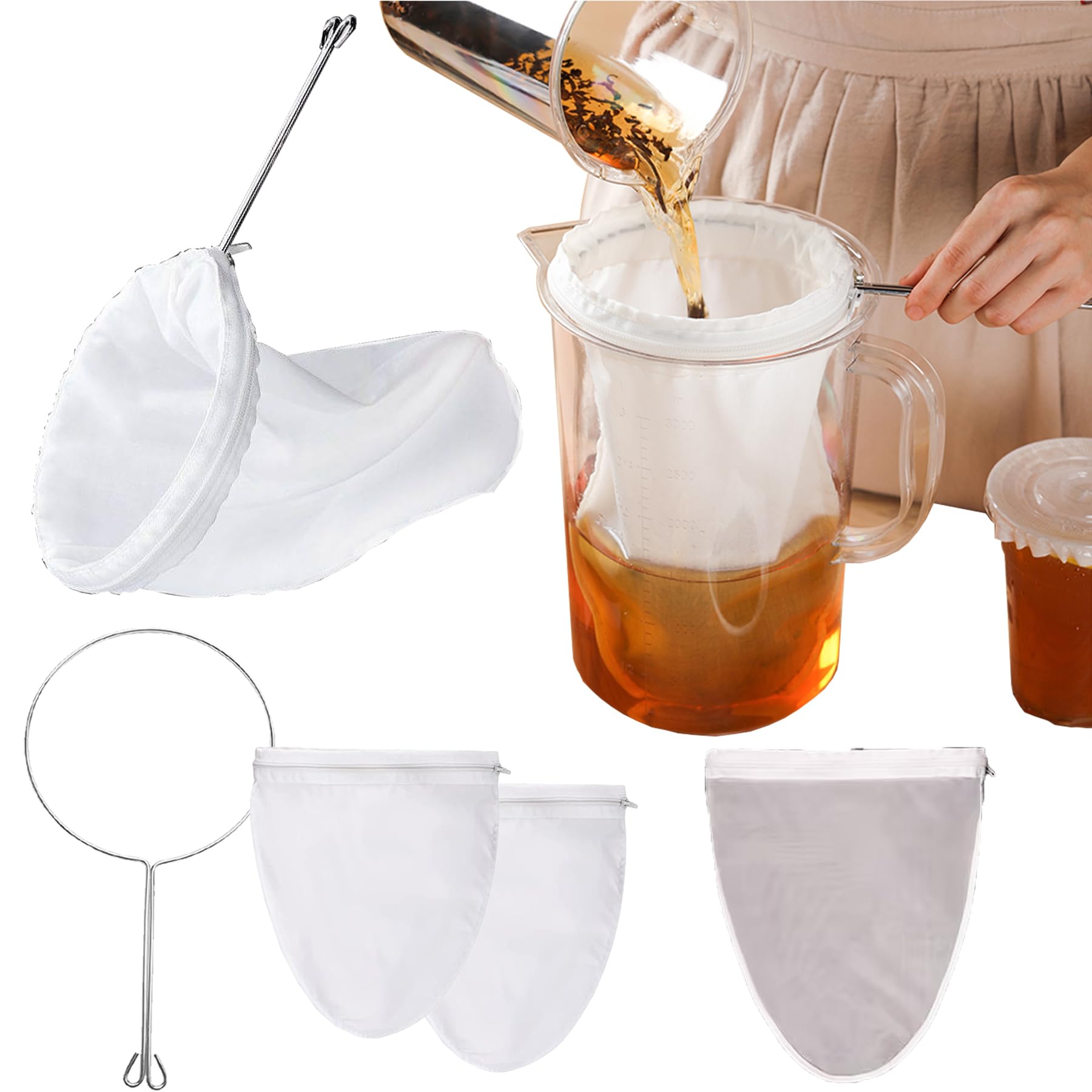 Cheese Cloths For Straining With Handle, 3Pcs Reusable Extra Fine Mesh Strainer, 2 Cotton Nut Milk Bag & 1 Nylon Filter Bag, Che
