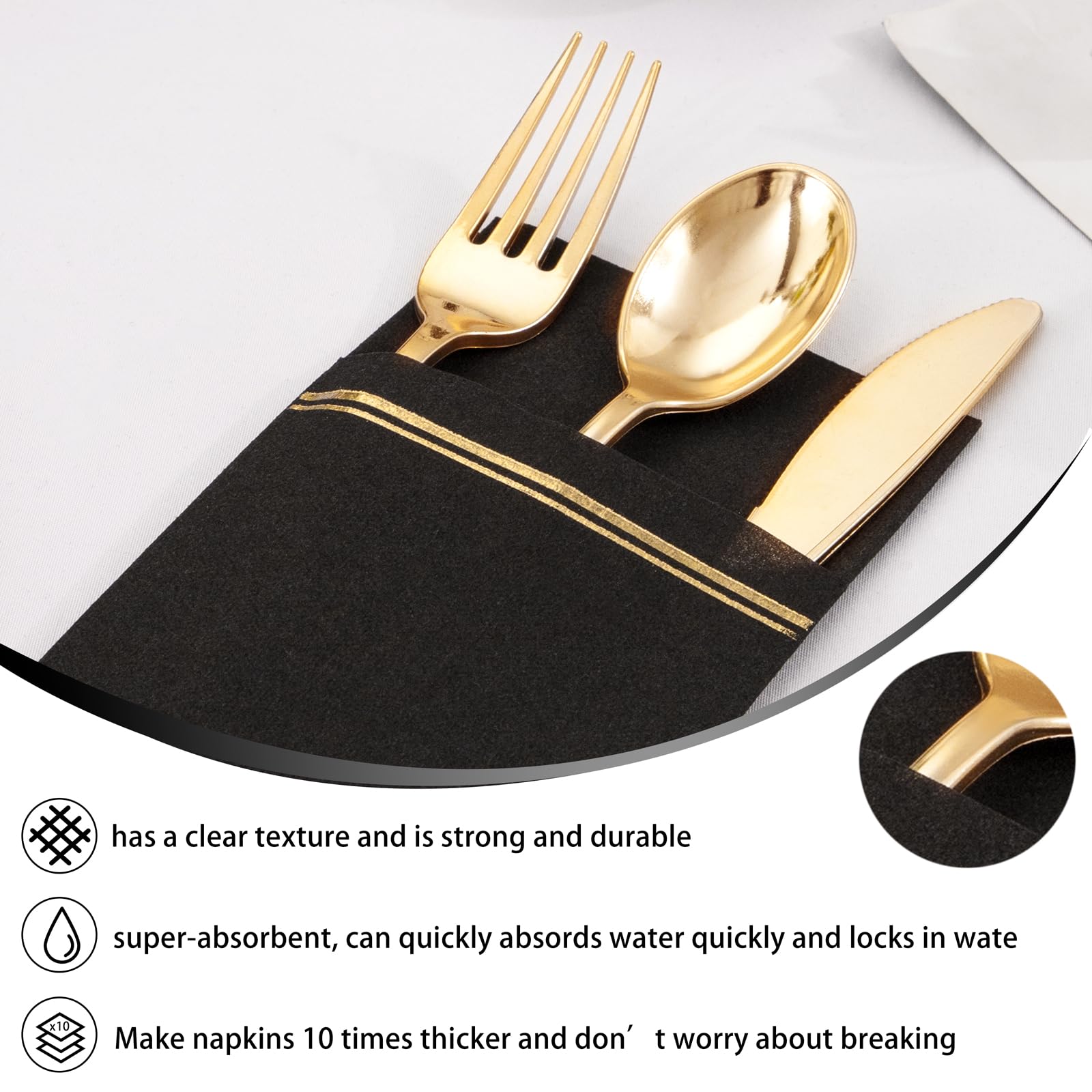 Nervure 100Pcs Black Paper Napkins With Built-In Flatware Pocket - Black And Gold Prefolded Cloth Like Disposable Napkins - Heav