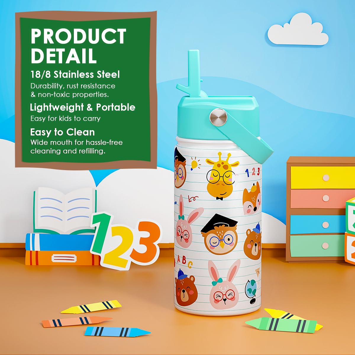 SANDJEST Animal Kids Water Bottle with Straw Lid 12oz Insulated Stainless Steel, Travel Tumbler, Gifts for Girls, Birthday, Chri