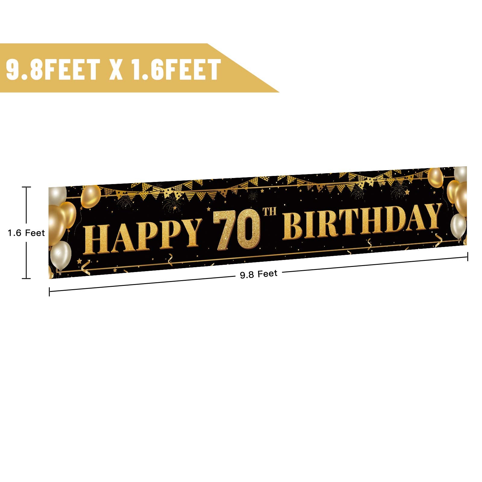 Large Happy 70Th Birthday Decoration Banner, Black And Gold Happy 70Th Birthday Banner Sign, 70Th Birthday Party Decorations Sup