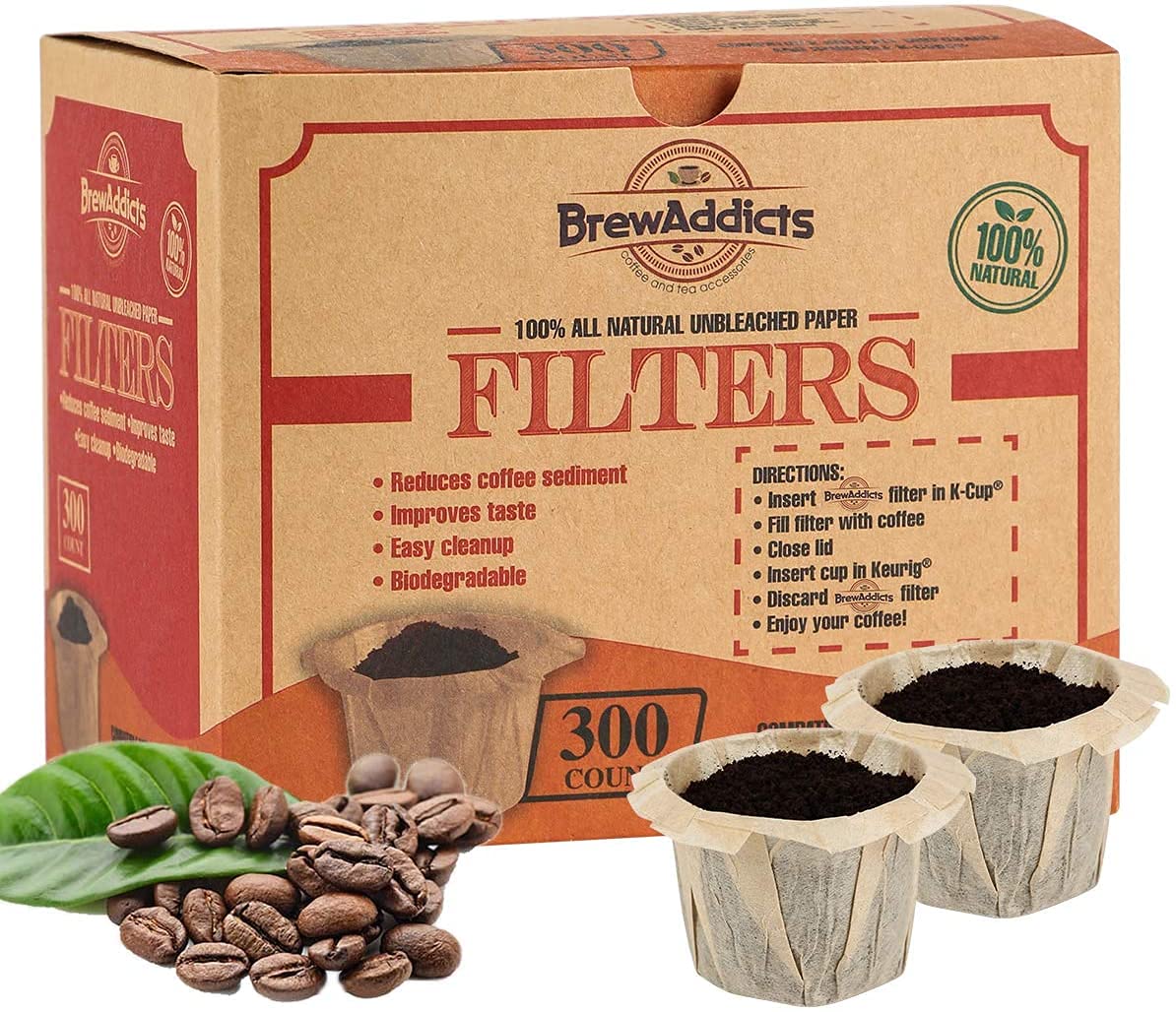 Brew Addicts Disposable Coffee Filters 300 Count, Brown, All-Natural & Unbleached Single-Use Coffee Filter For Reusable K Cups O