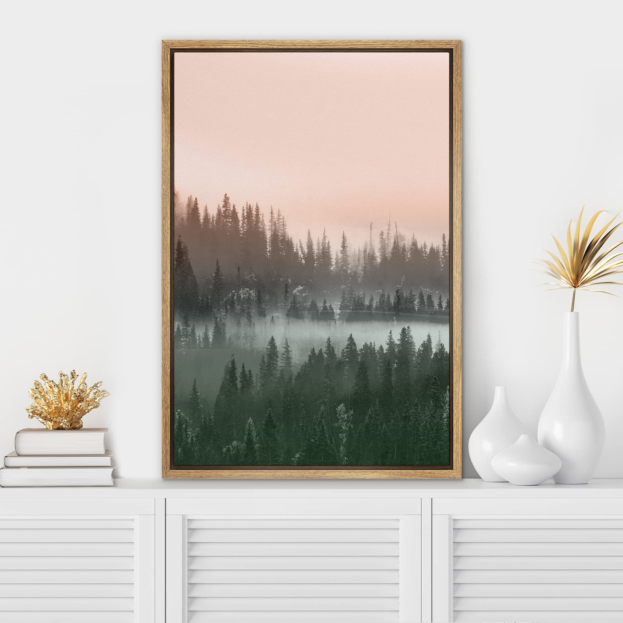 Signwin Framed Canvas Print Wall Art Woodland Nursery Decor Orange Green Pine Tree Forest Nature Wilderness Modern Art Rustic La