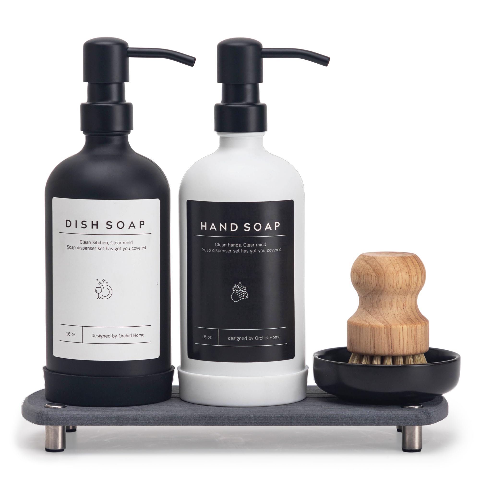 [Luxury] Kitchen Soap Dispenser Set - 16Oz Glass Bottle, Stainless Steel Pump, Instant Dry Tray, Waterproof Labels, Non-Slip Sil