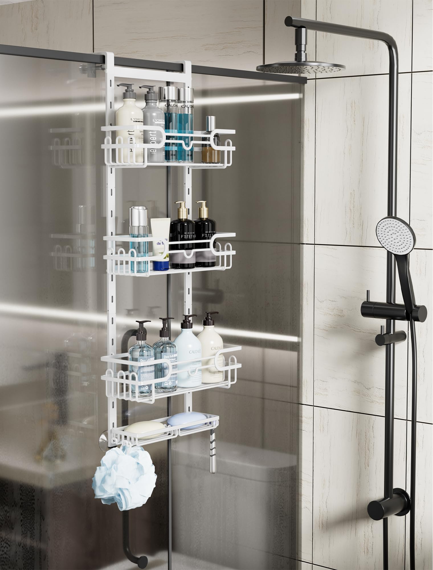 Consumest Over The Door Shower Caddy - 4 Tier Adjustable Hanging Shower Caddy Shower Shelf With 2 Soap Holders & 22 Hooks, Rustp