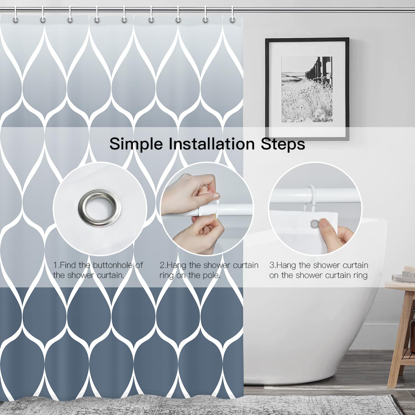Gelbchu Ombre Aegean Blue Fabric Shower Curtain, Waterproof Design And Polyester, Quick-Drying, Weighted Hem, Shower Curtains Se