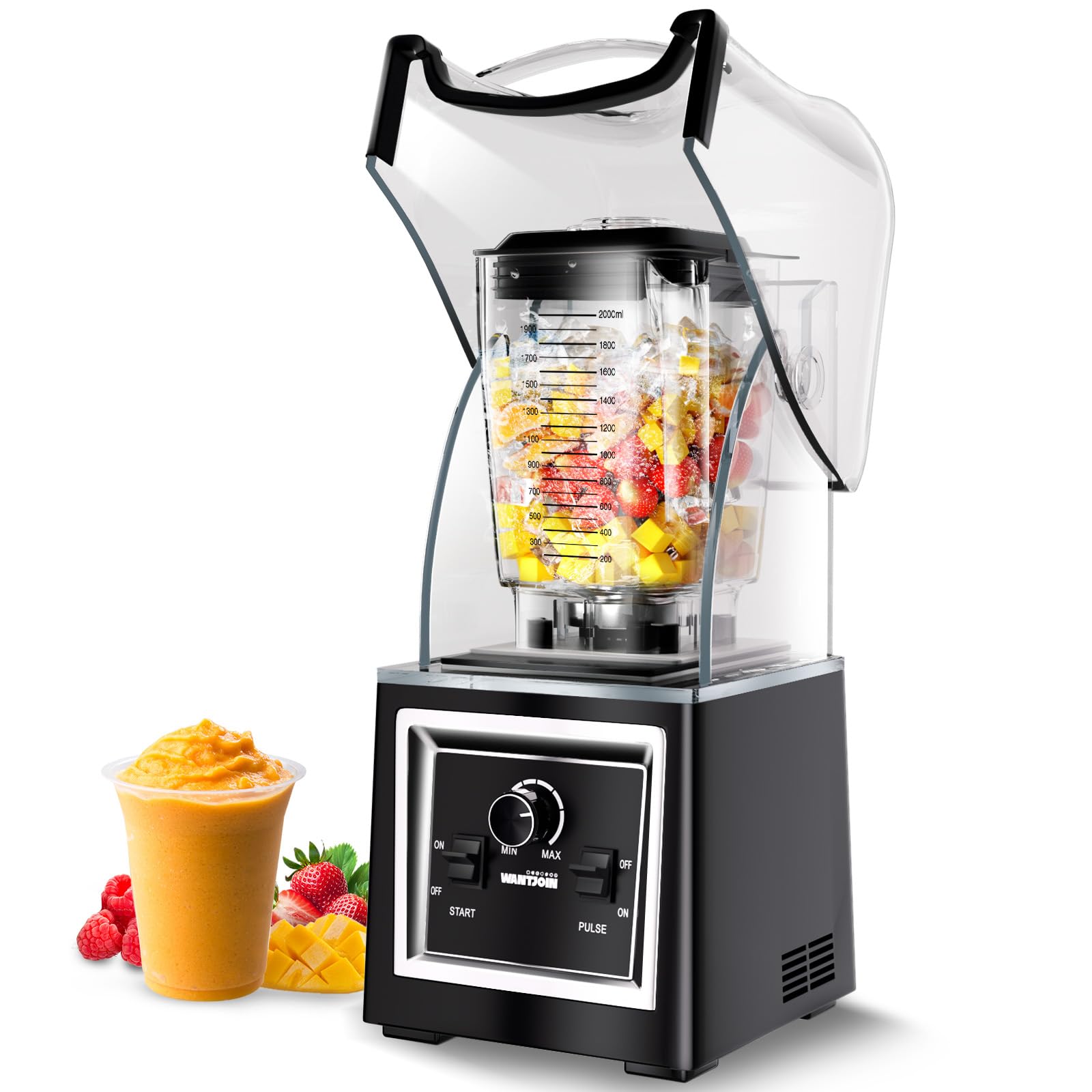 Wantjoin Professional Grade Blender - Soundproof & Quiet Commercial Blenders, Removable Shield, 2000W Watte, 67 Oz Capacity - Pe