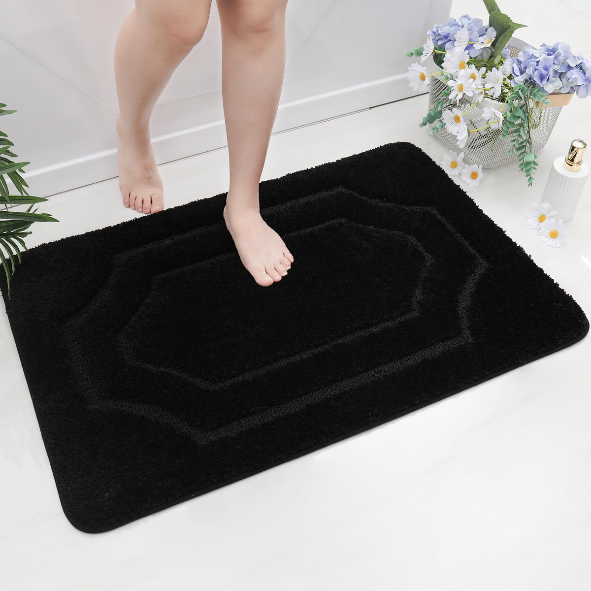 Beqhause Bathroom-Rugs-Non-Slip-Bath-Mats For Bathroom Soft And Absorbent Polyester Microfiber Black Bath Mat Machine Washable S