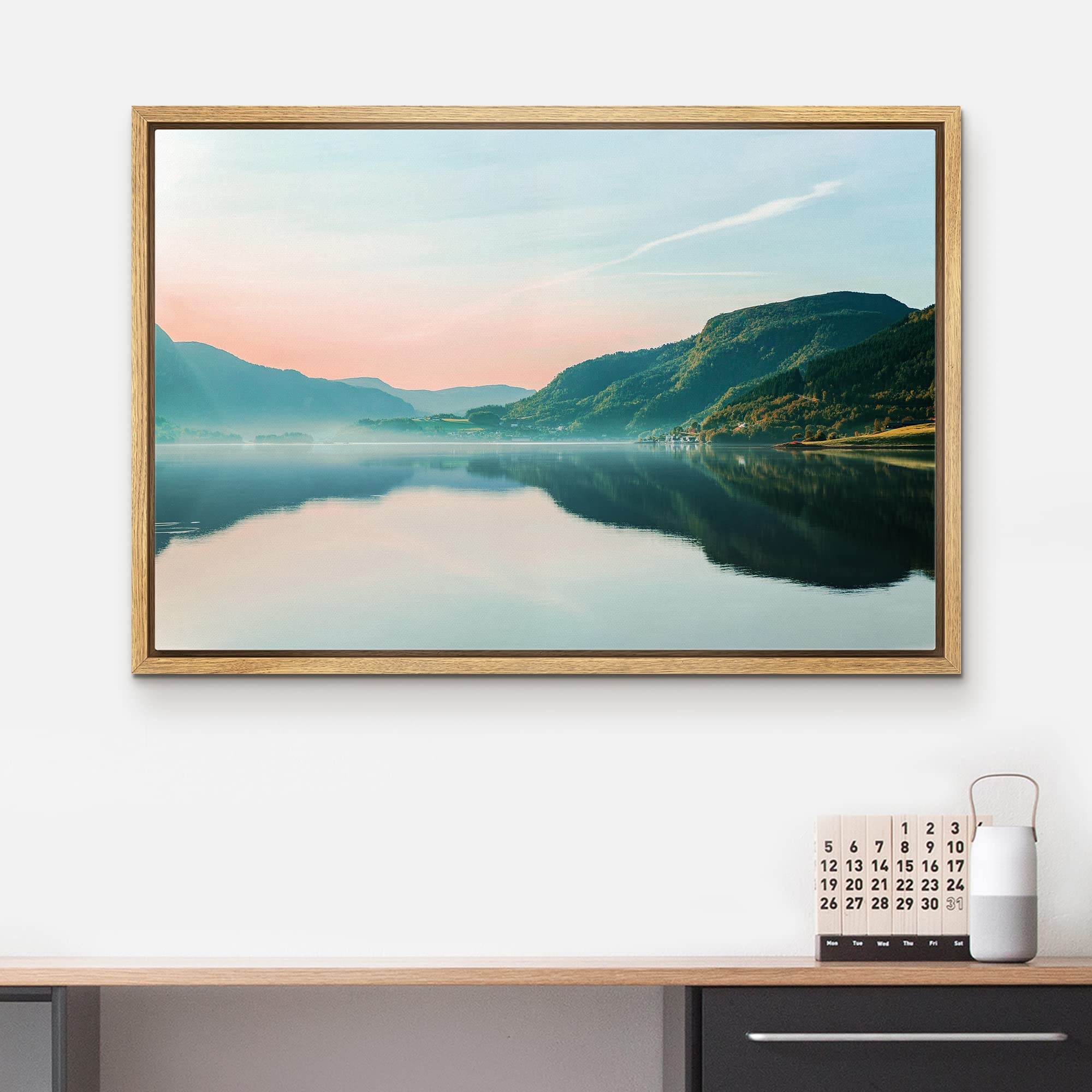 wall26 Framed Canvas Print Wall Art Pastel Sunset Sky Mountain Valley Lake Nature Wilderness Photography Realism Earth Scenery Scenic Landscape for Living Room  Bedroom  Office - 16''x24'' Natural