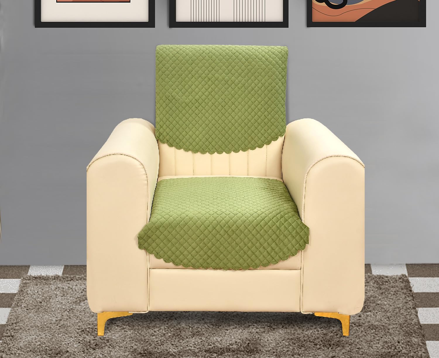 Yellow Weaves Velvet 1 Seater Self Design Quilted Sofa Chair Cover, Seat & Back Cover, Color - Pea Green