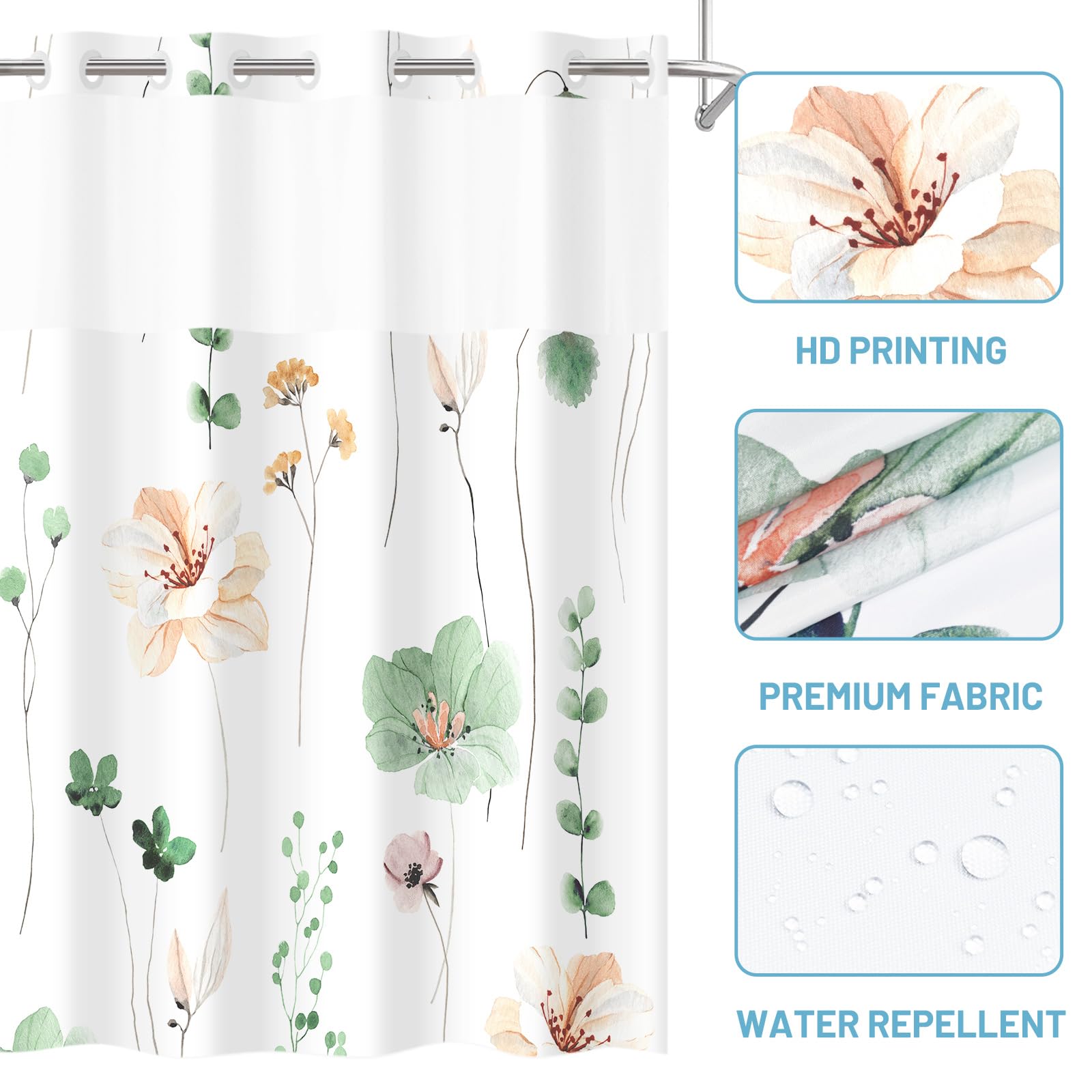 Withloc No Hook Shower Curtain With Snap In Liner - Floral Shower Curtain - Fabric Waterproof Inner Liner, Plants Watercolor Sag