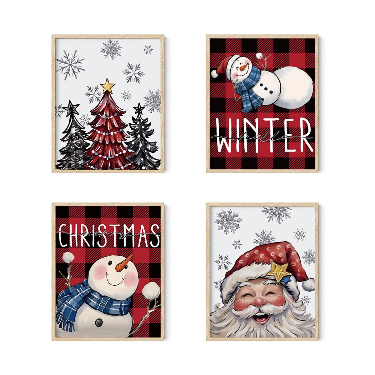 XYDEG Christmas Wall Art Prints Set of 4,Christmas Prints, Hello Winter Vintage Santa Xmas Snowman Buffalo Plaid Posters,Merry C