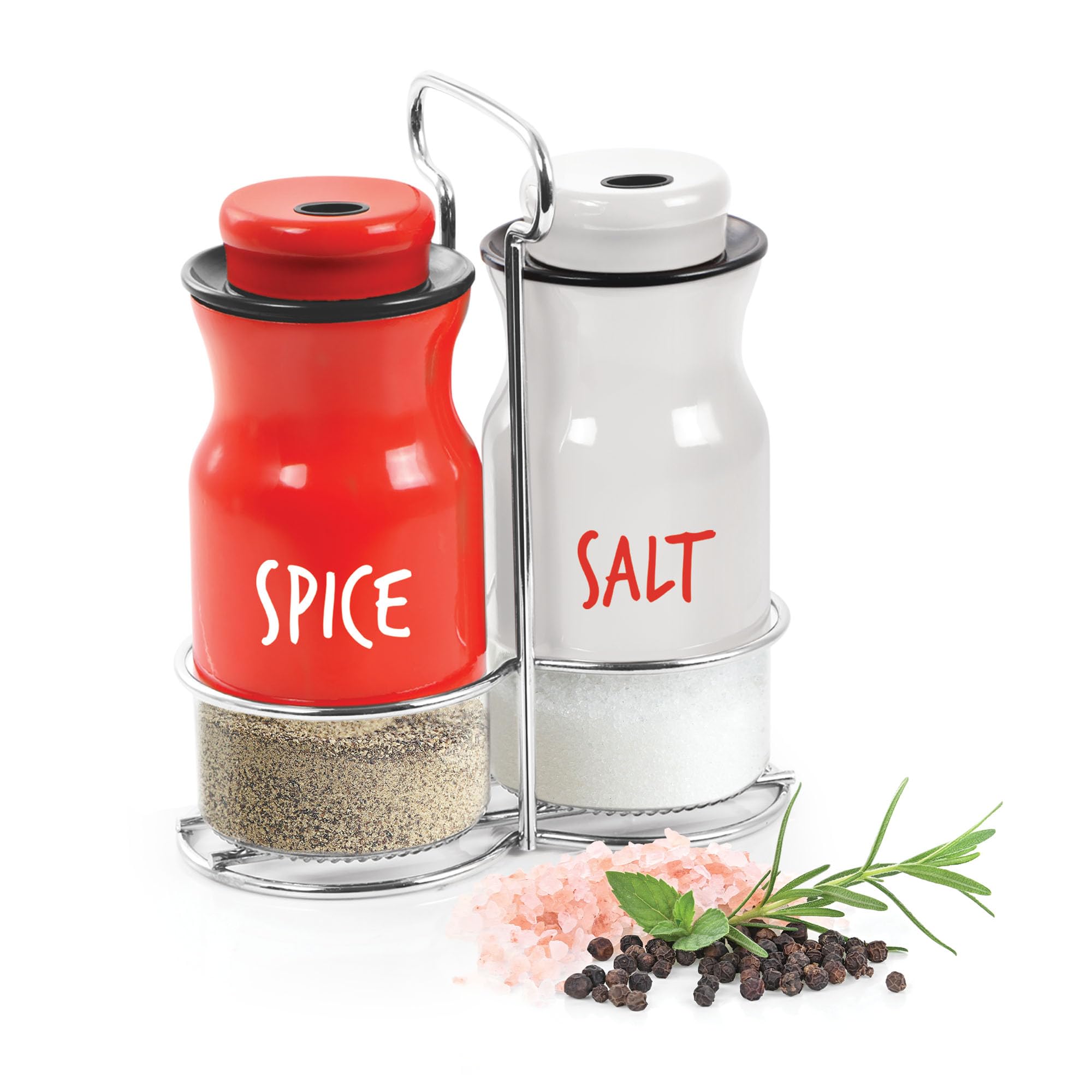 Treo By Milton Zingy Salt and Pepper Shakers Set with Adjustable Pour Holes & Stand, Glass Bottom Spice Dispenser, Set of 2, Red