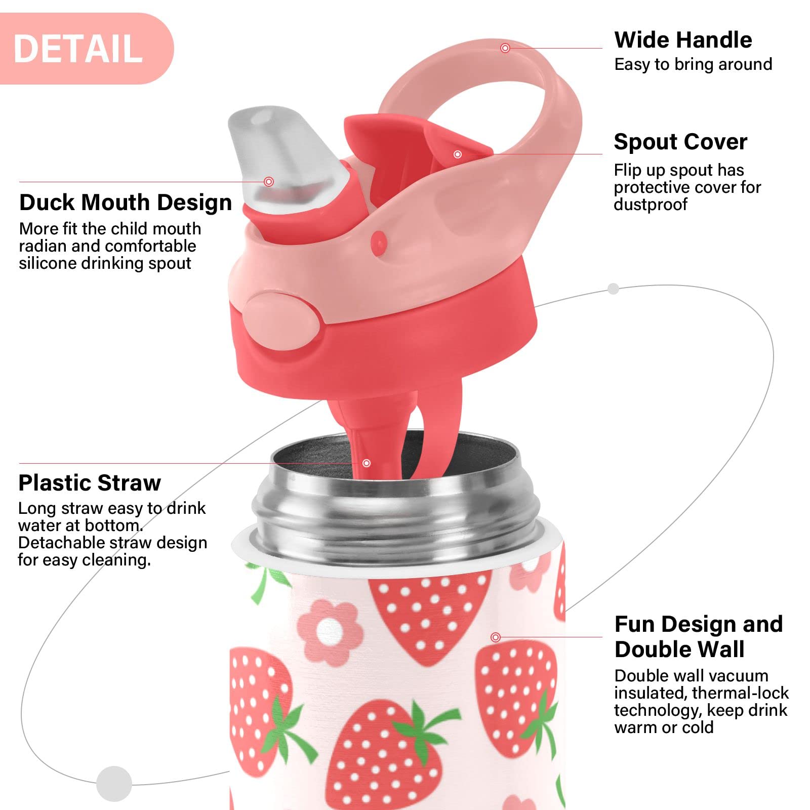 Children Insulated Water Bottles With Straw For School Kids Strawberry Cute Pink Stainless Steel Vacuum Double Wall Keeps Hot An