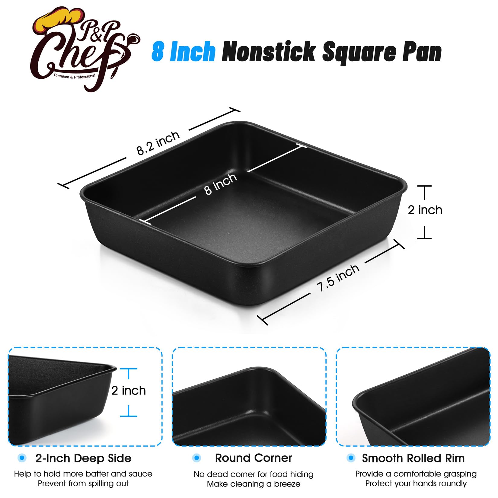 P&P Chef Square Baking Pan, 8 Inch Square Cake Lasagna Brownie Pan For Nonstick Baking Roasting, Stainless Steel Core With Non-S
