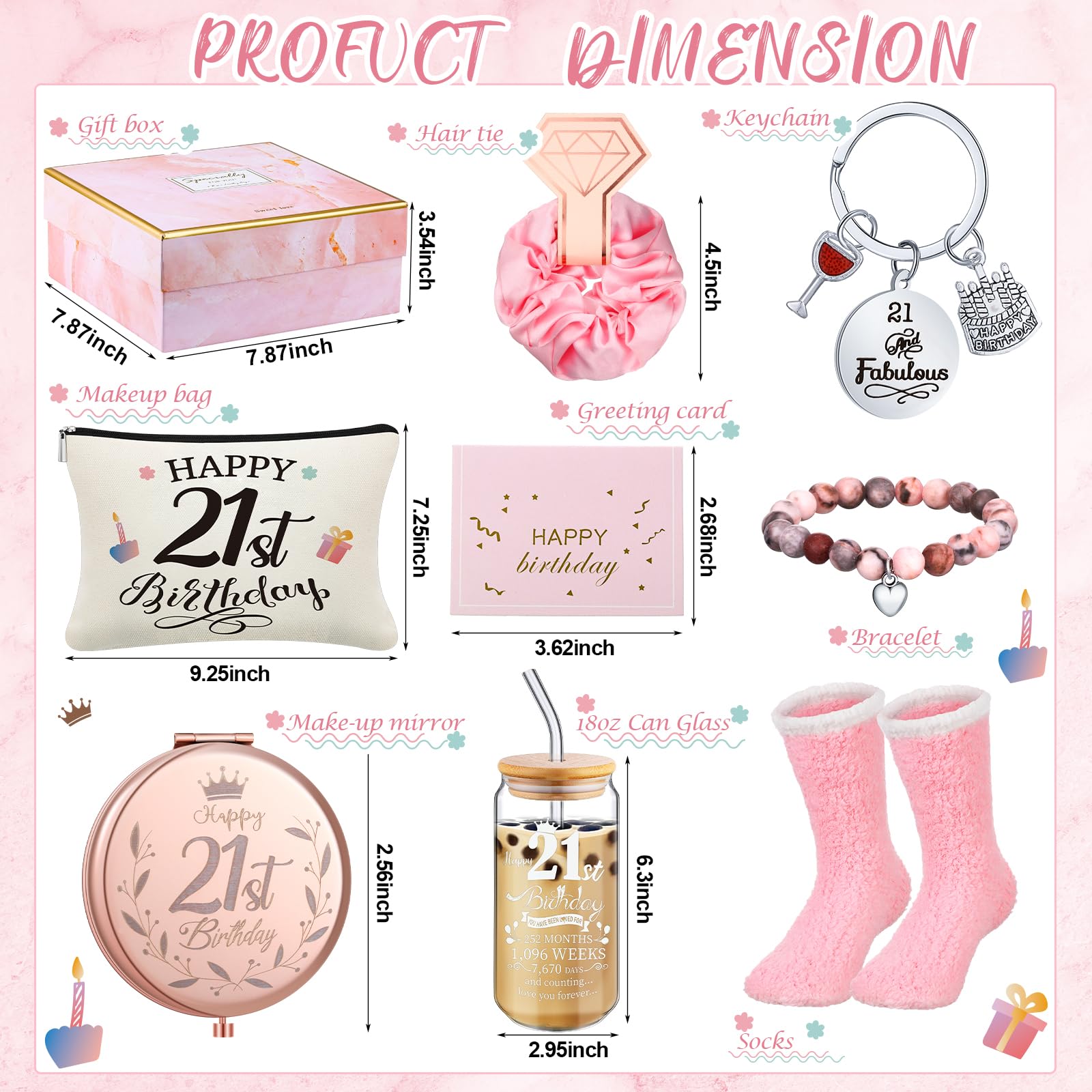 Yungyan 9 Pcs 21St Birthday Gifts For Her Bday Gift Basket Include Makeup Bag 18 Oz Glass Cup With Lid Glass Straw Socks Keychai