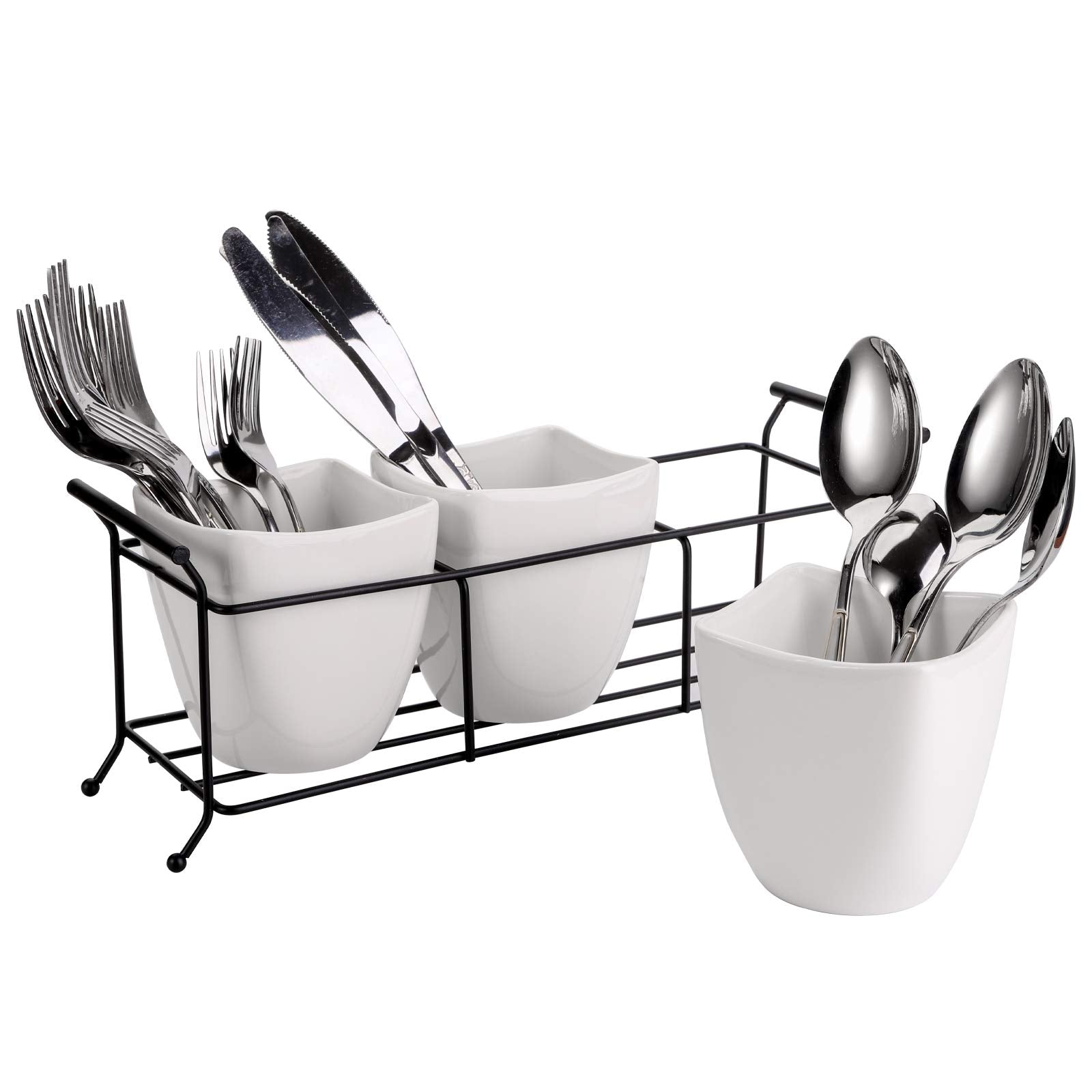 Bekith 3-Piece Ceramic Flatware Caddy With Metal Rack, Utensil Holder Silverware Caddy Cutlery Organizer, White