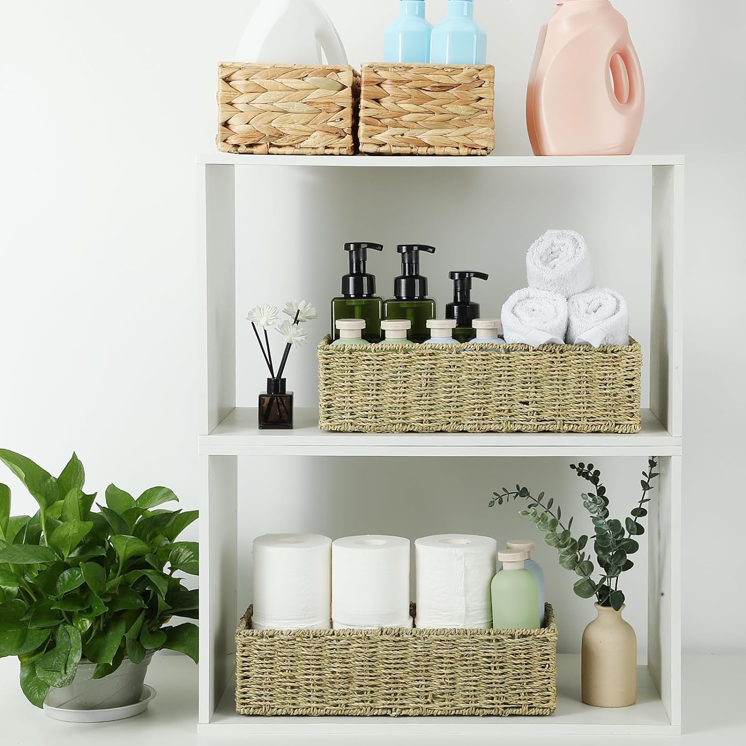 Weavelyrics [2-Pack] Seagrass Storage Baskets, Rectangle Wicker Containers, Wicker Toilet Basket Tank Topper, Handwoven Natural