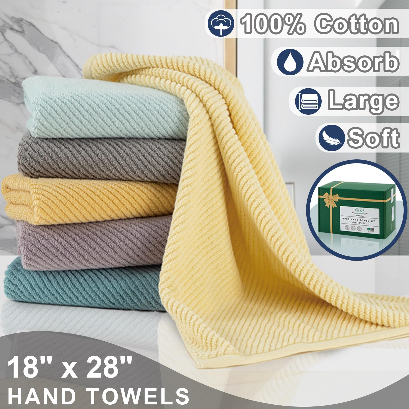 Voova & Movas Hand Towels For Bathroom Set Of 4, 18''X 28'' - 100% Cotton | Lightweight | Thick | Quick Dry | Soft | Absorbent,