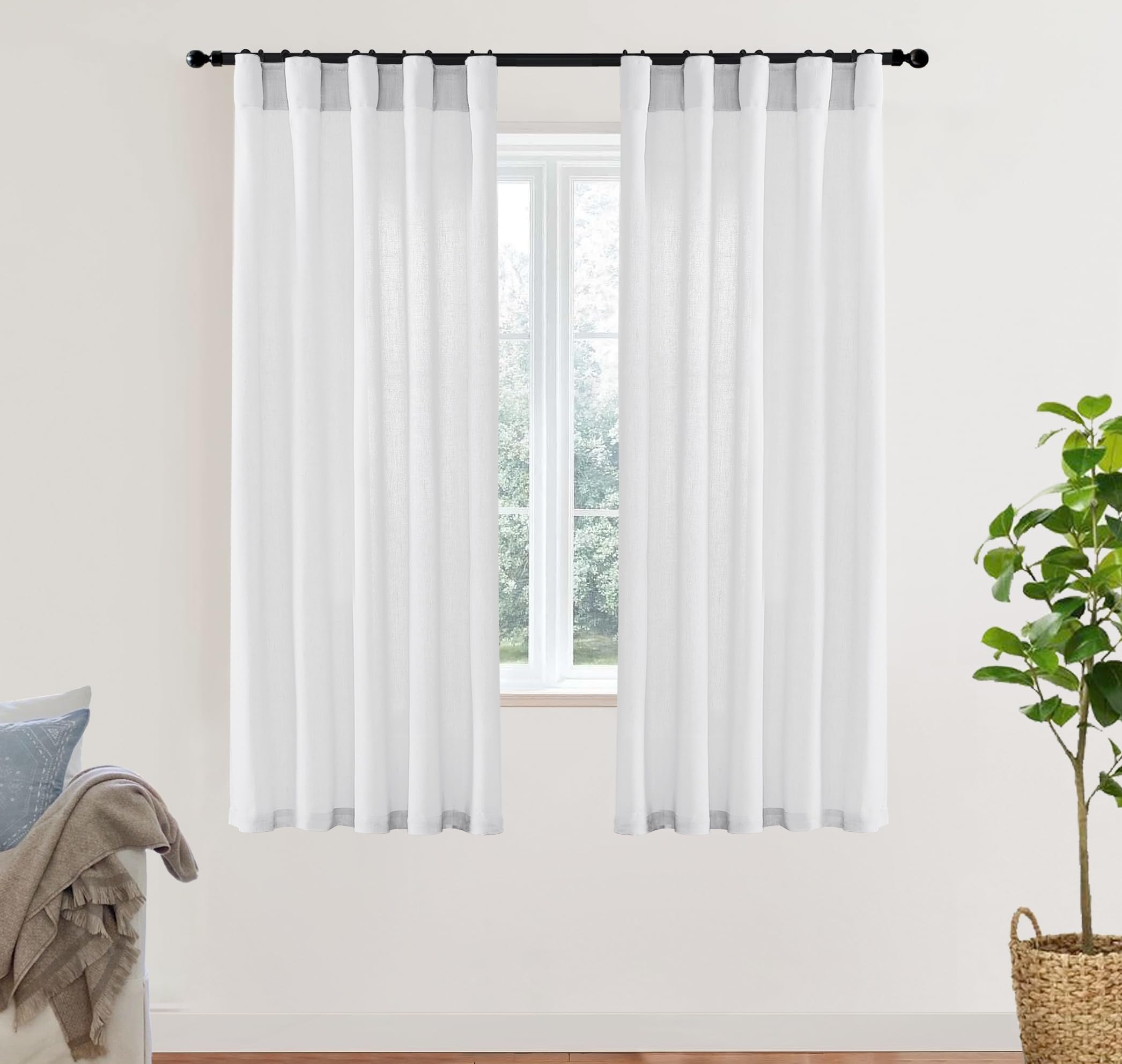 XTMYI White Sheer Curtains 68 Inches Long for Bedroom Living Room Dining Room,Linen Cotton Privacy Curtains for Kitchen Bathroom