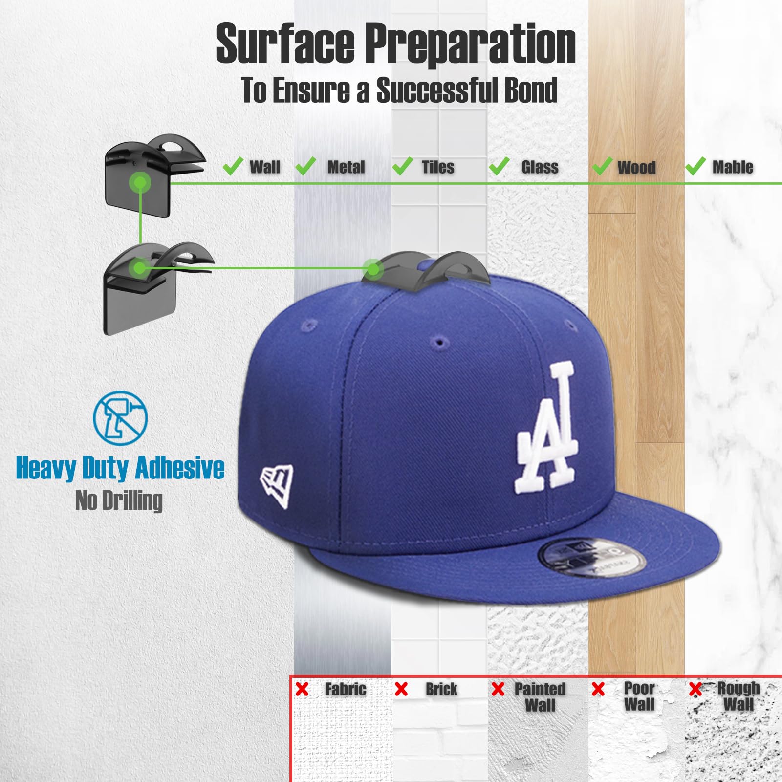 Brateaya Hat Hooks For Baseball Caps Wall Mount (20 Pack), 2 Different Ways Hat Racks To Organize & Display, Adhesive Hat Holder