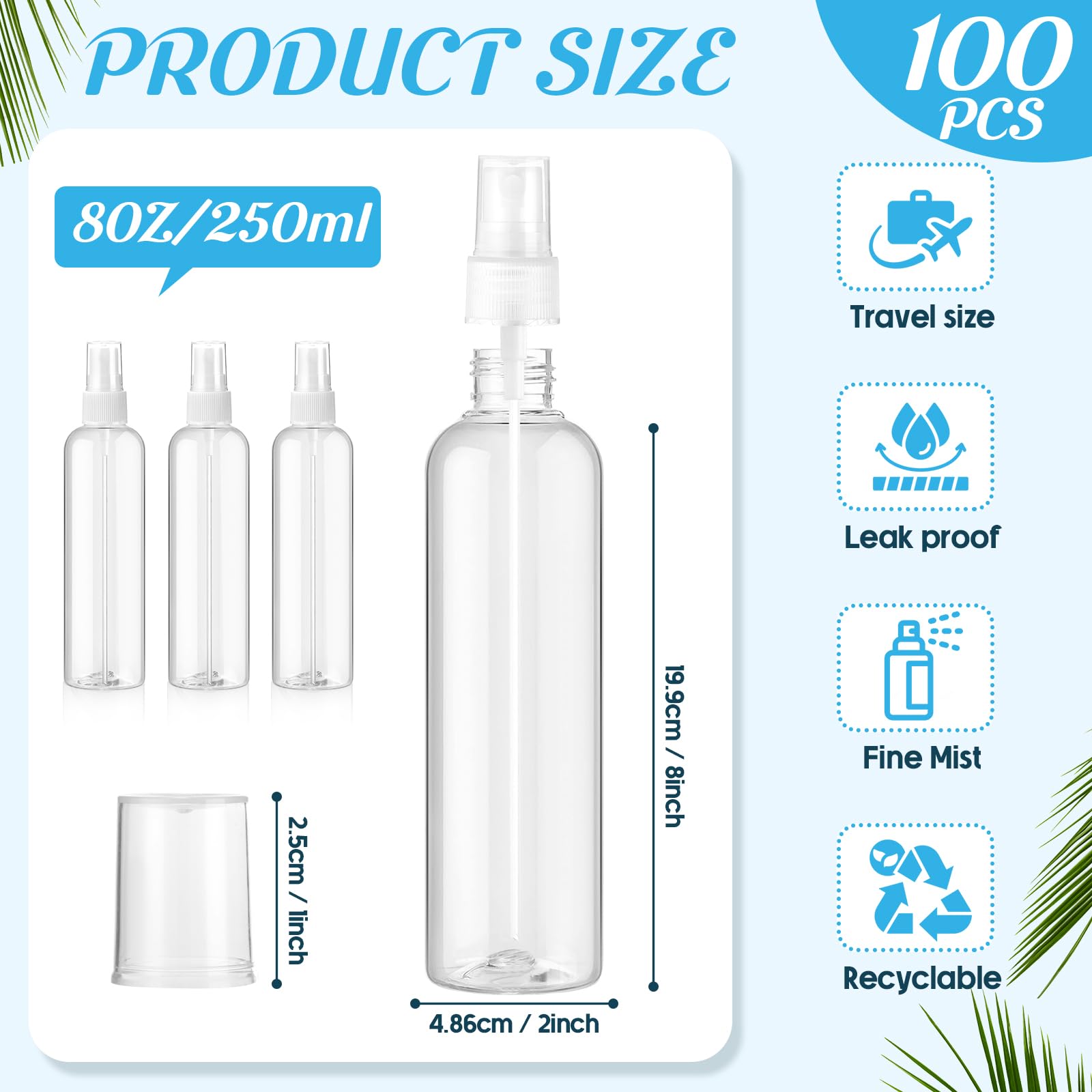 Tanlade 100 Pcs 8 oz Empty Spray Bottles with Pump Spray Cap Refillable Clear Plastic Misting Bottles Fine Mist Bottle for Hair
