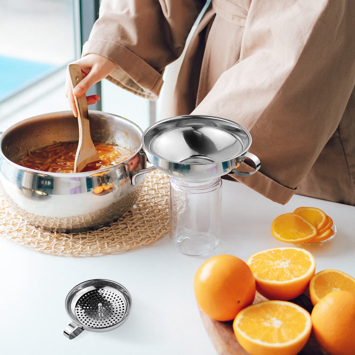 Yuntop 3 Pack Canning Funnel Set - 3-in-1 Stainless Steel Wide Mouth Funnels with Detachable Strainer, Silvery Finish