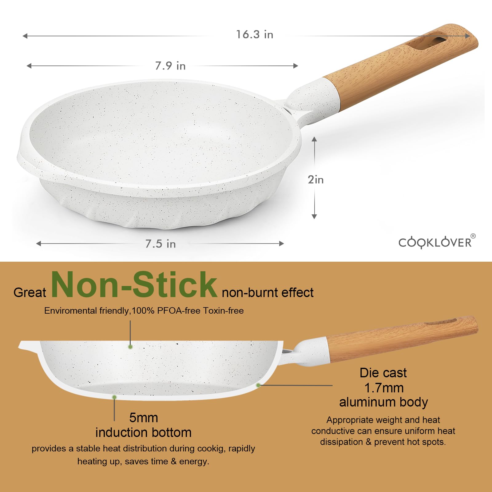 Cooklover Nonstick Frying Pan 100% Pfoa Free Cookware Induction Skillet Stir Fry Pan 7.9 Inch - White