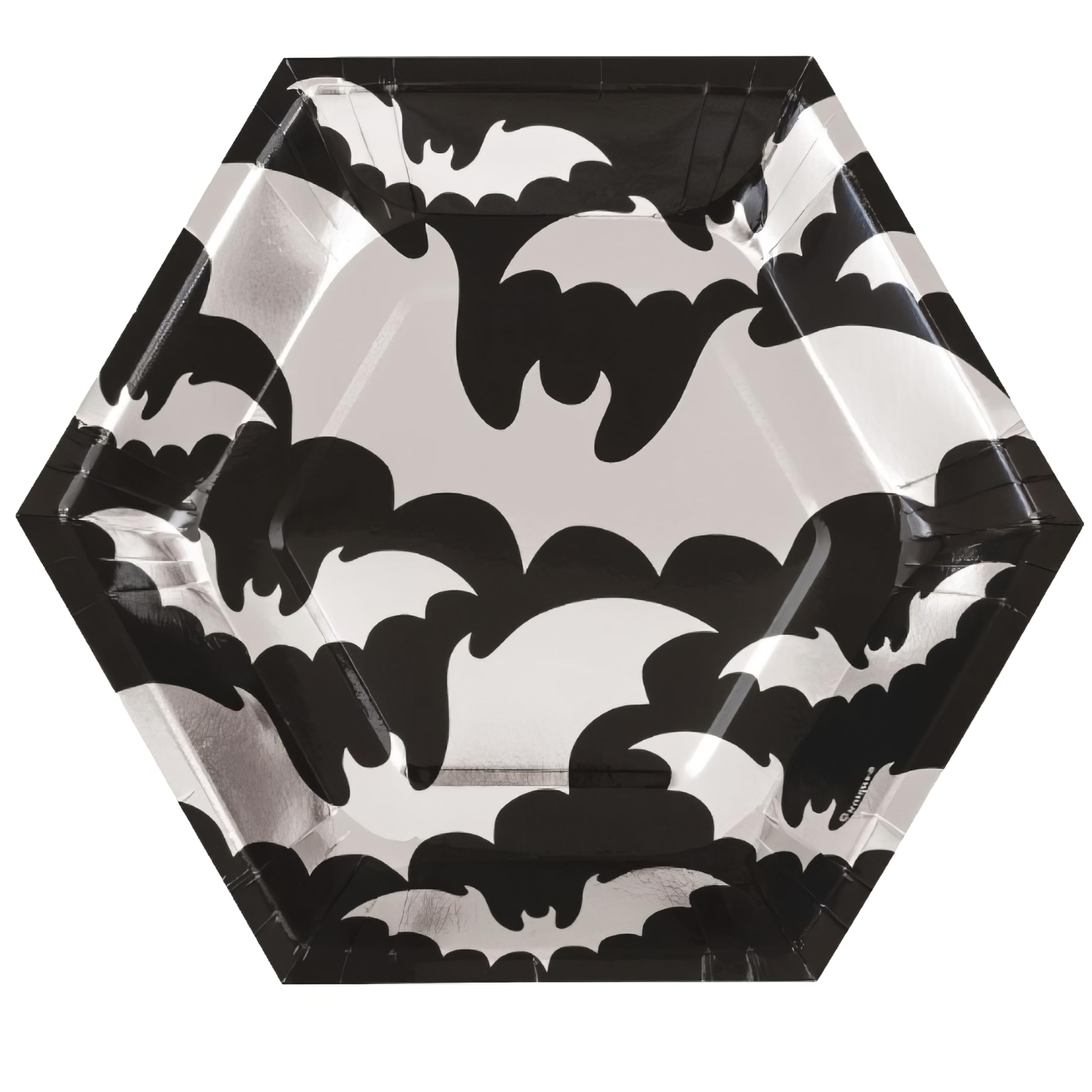 Unique Enchanting Foil Stamped Silver Bats Hexagonal Halloween Dessert Paper Plates (8.25'') - 8 Ct -Ideal For Seasonal Parties