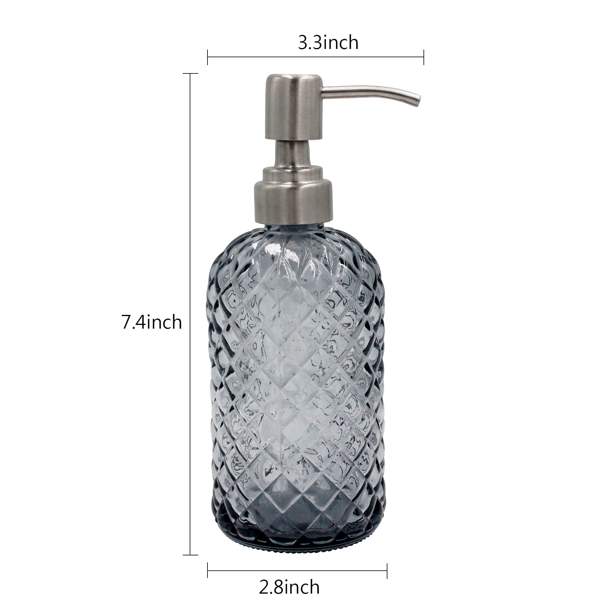 16 Oz Soap Dispenser with 304 Rustproof Stainless Steel Pump  Kitchen  Bathroom Soap Dispenser  Refillable Liquid Glass Soap Dispenser for Hand Soap  Soap  Lotion. (Grey-2pack)