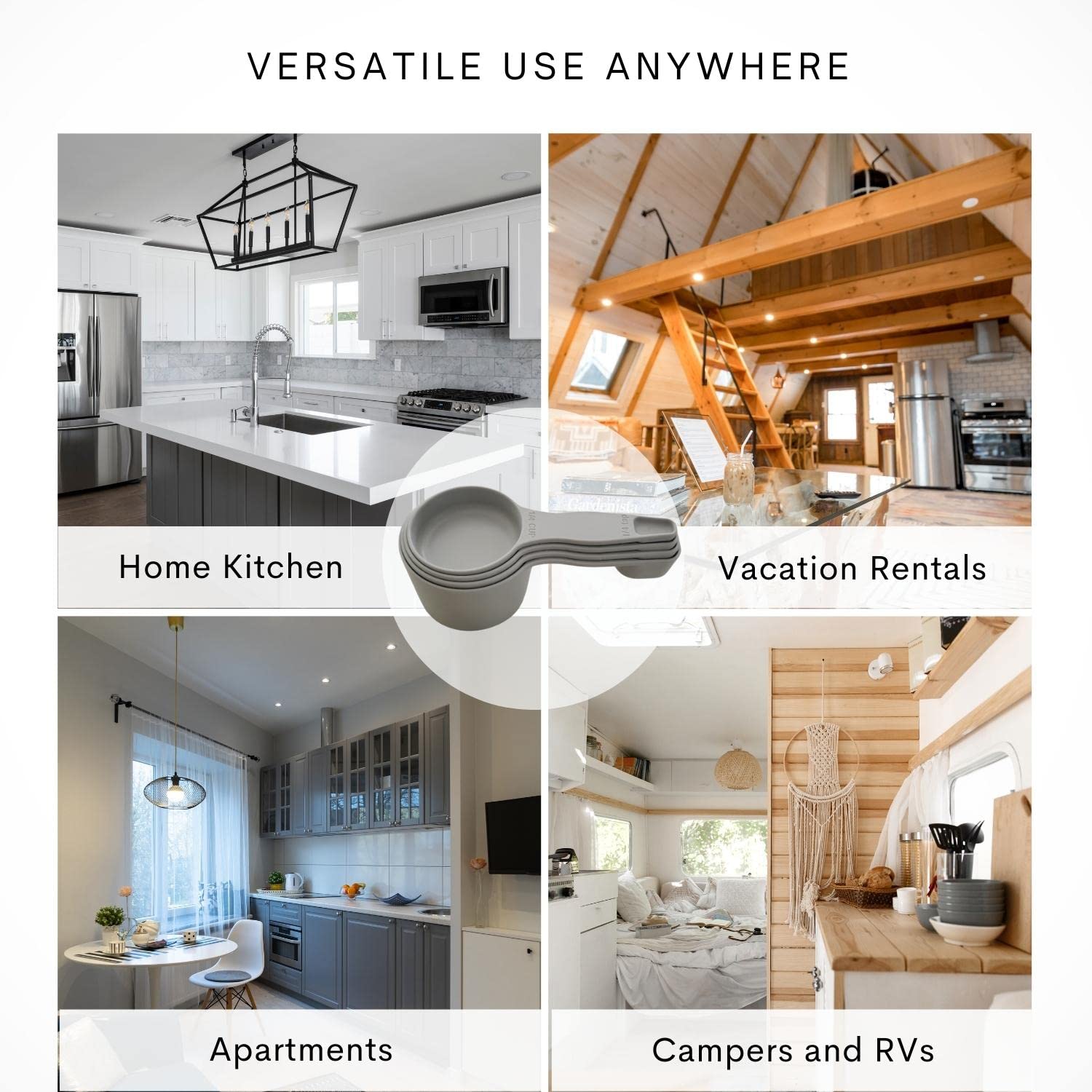 Storage Theory 2 In 1 Measuring Cup And Spoon Set 4 Pcs Grey - Nesting Measuring Cups - Food Grade Material - Dishwasher Safe
